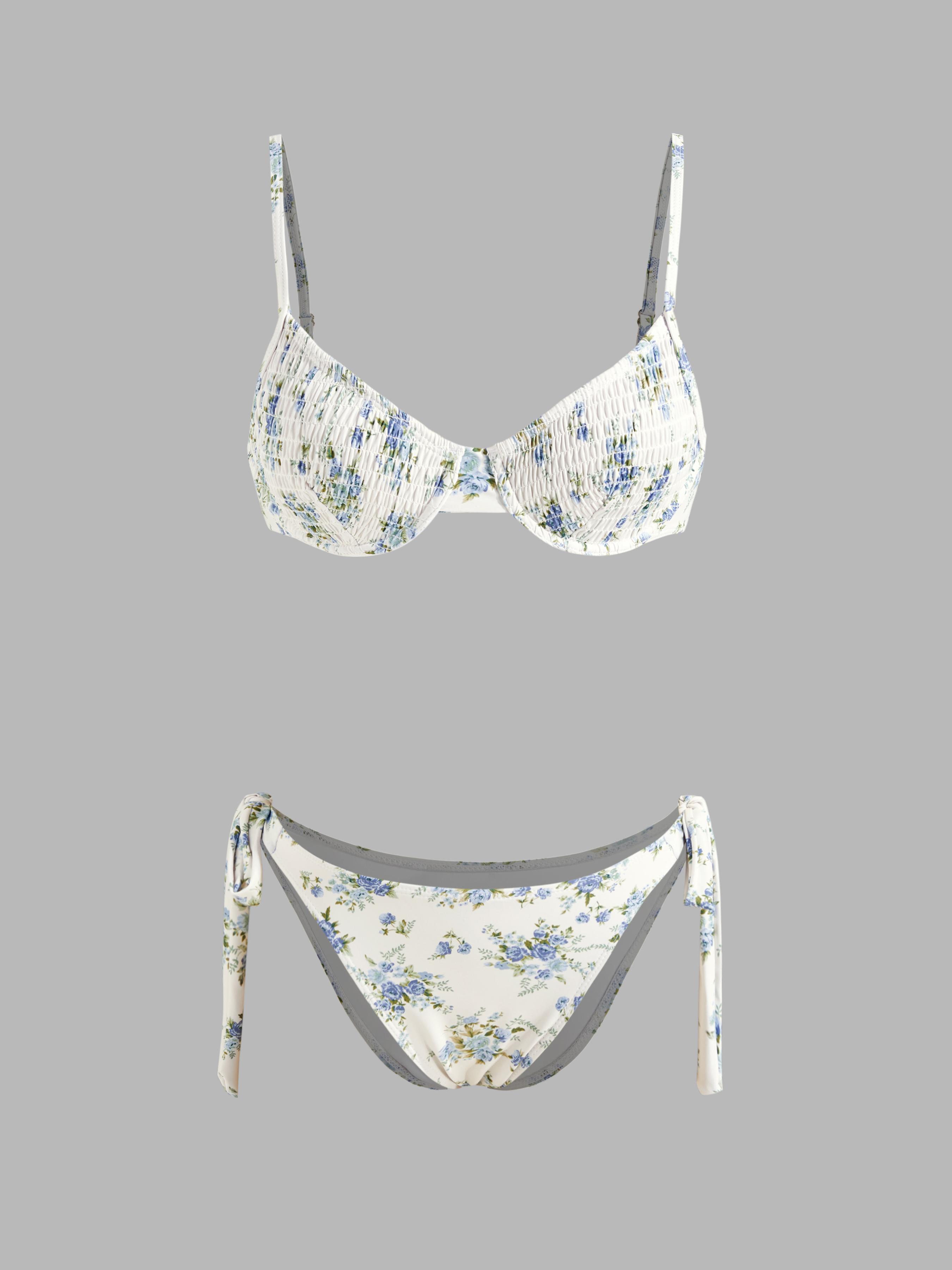 Square Neck Floral Shirred Underwire Tie Side Bikini Swimsuit by CIDER