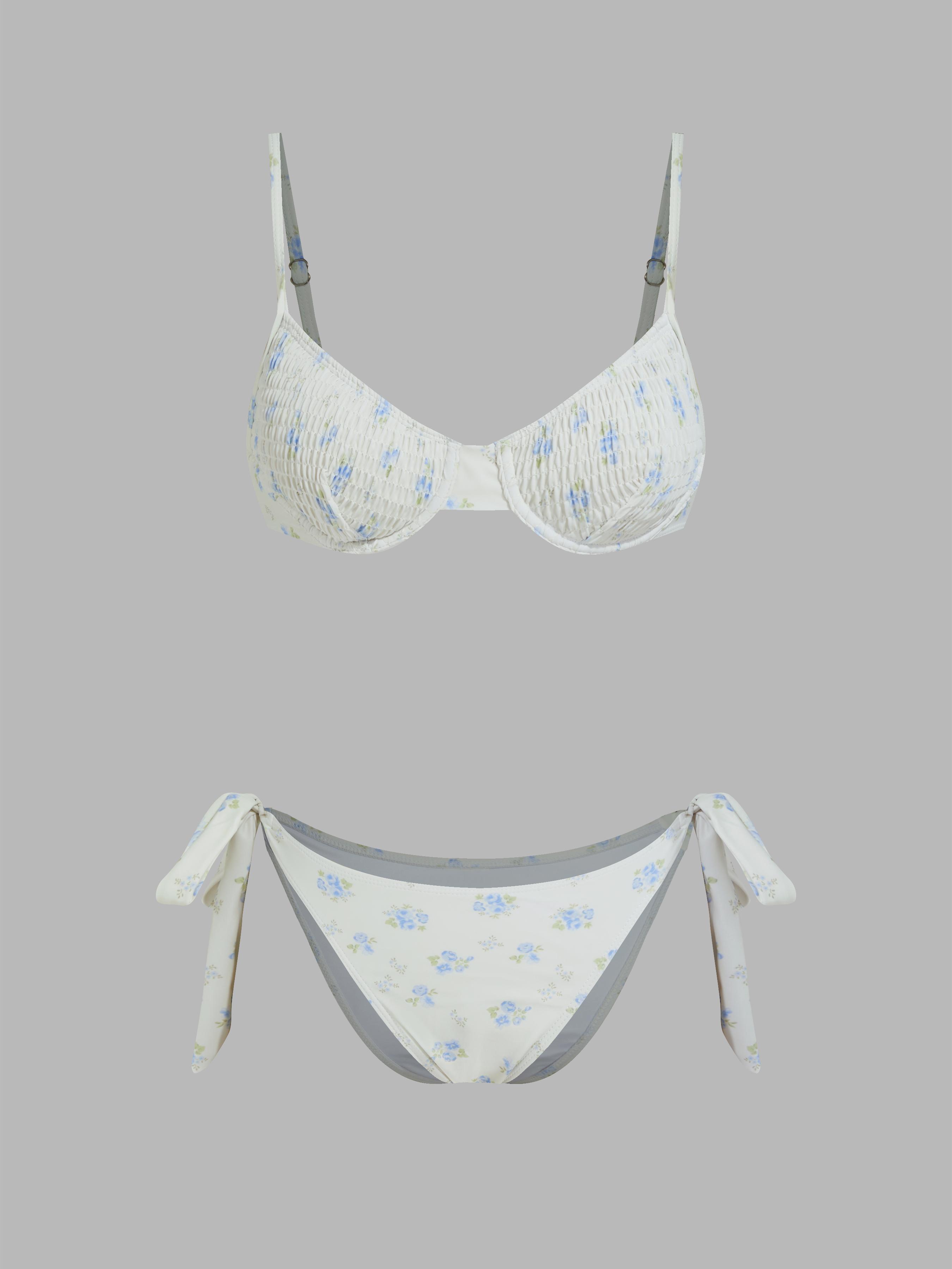 Square Neck Floral Shirred Underwire Tie Side Bikini Swimsuit by CIDER