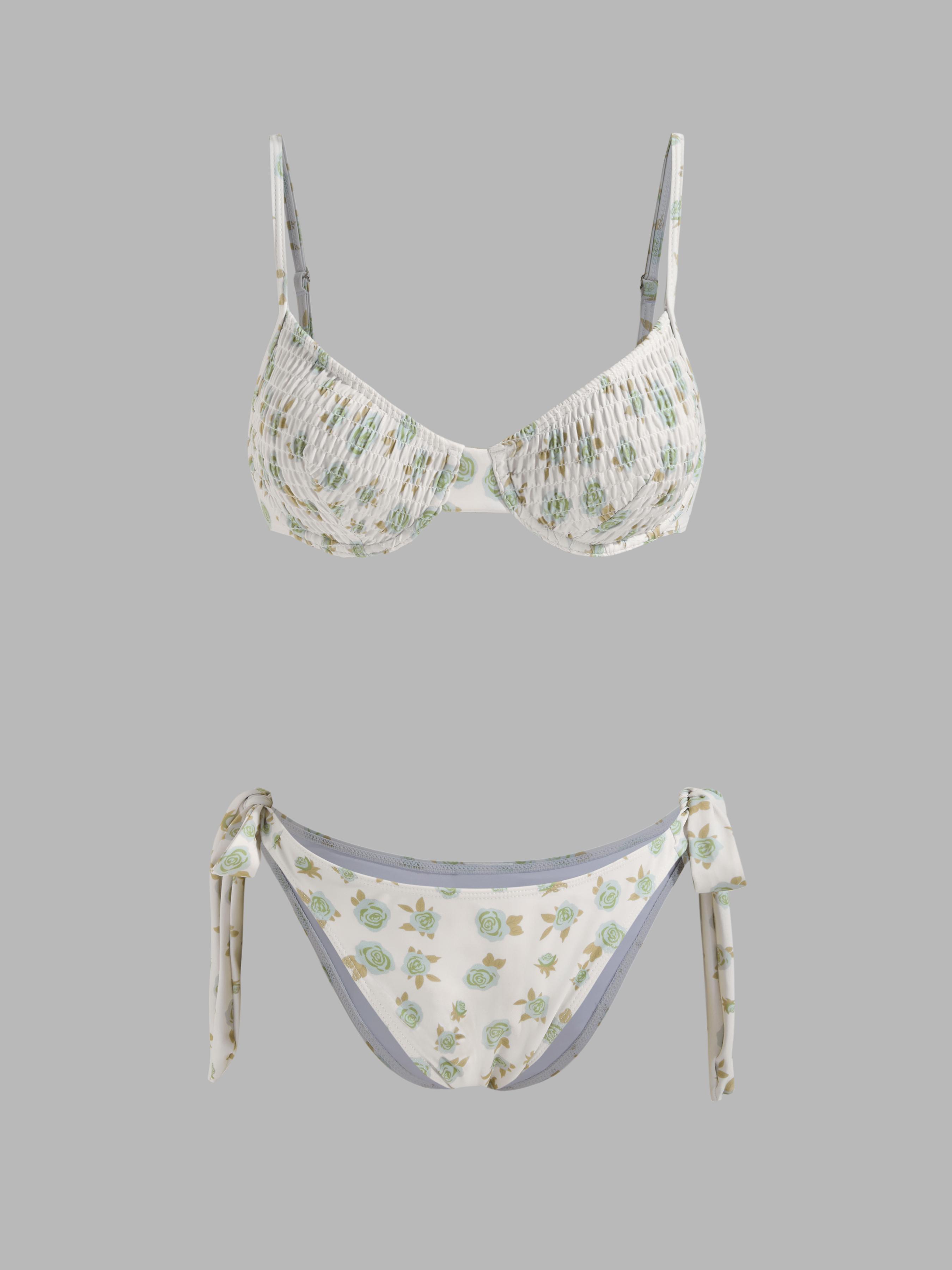 Square Neck Floral Shirred Underwire Tie Side Bikini Swimsuit by CIDER