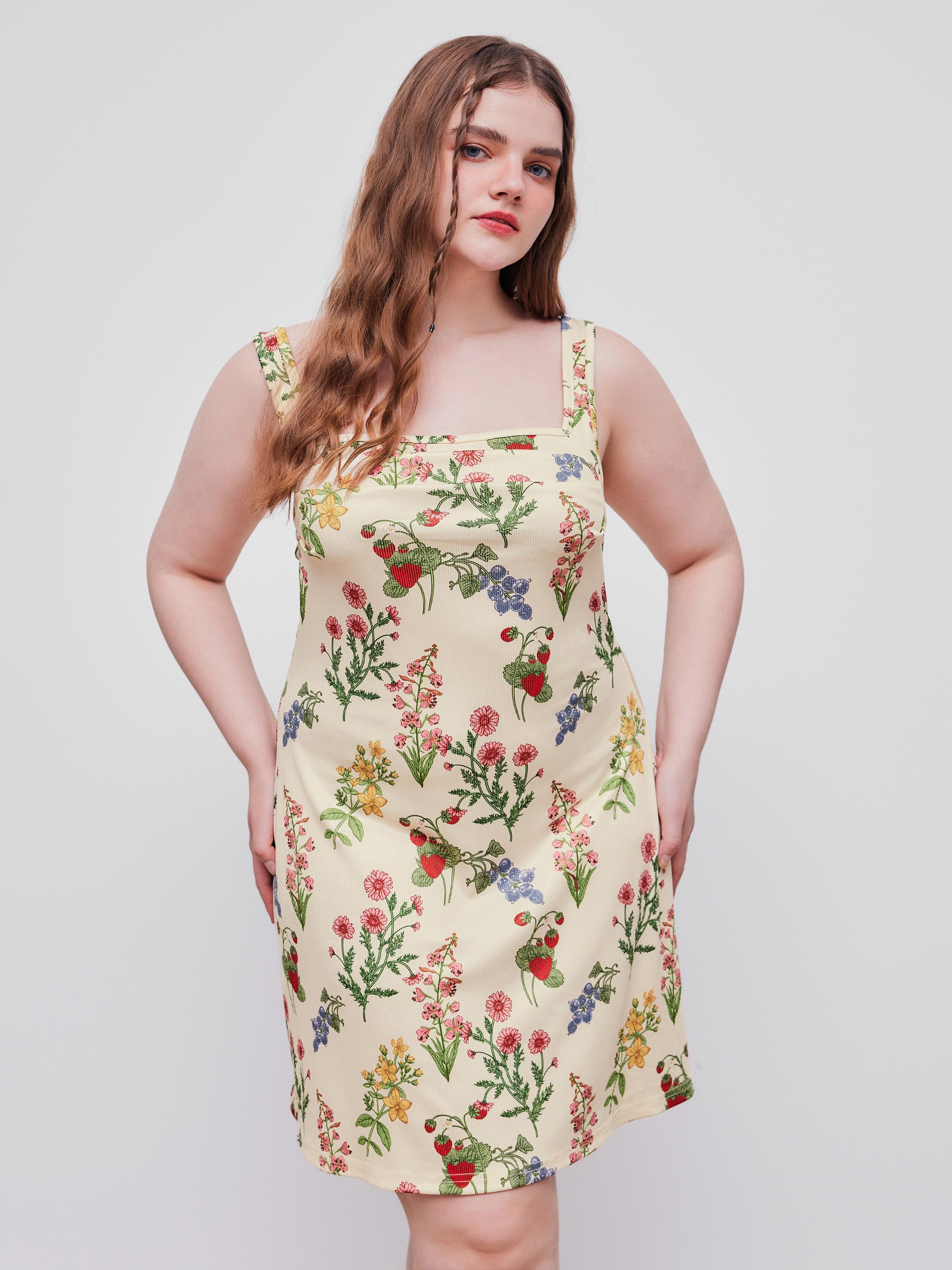 Square Neck Floral & Fruit Graphic Mini Dress Curve & Plus by CIDER