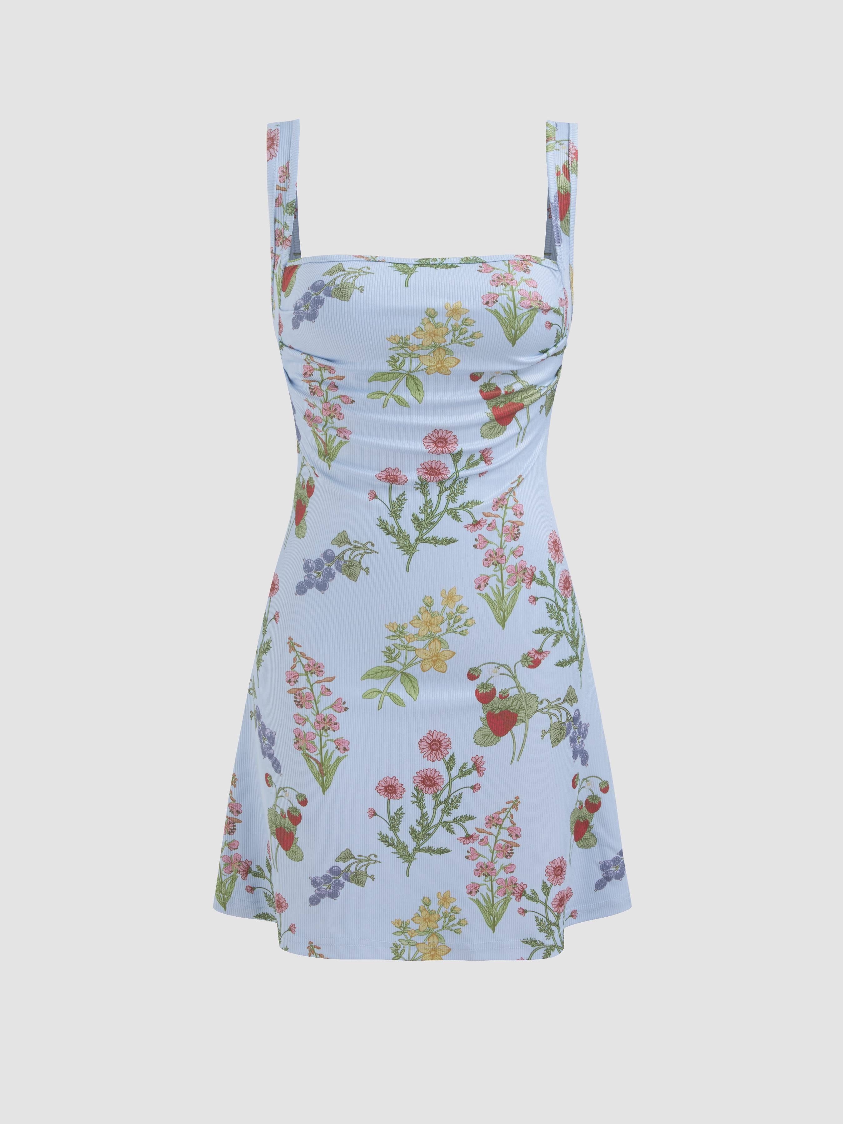 Square Neck Floral & Fruit Graphic Mini Dress by CIDER