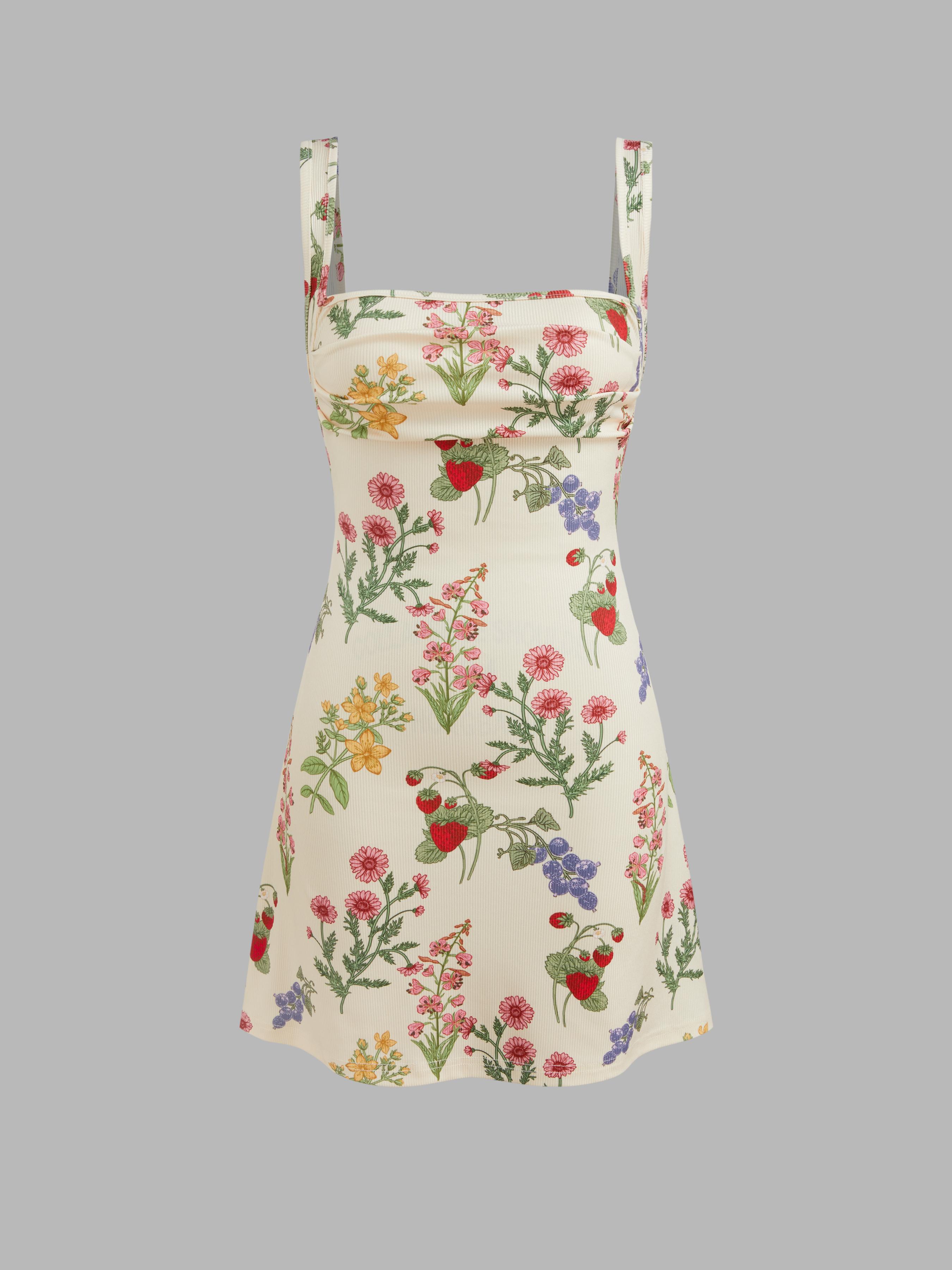 Square Neck Floral & Fruit Graphic Mini Dress by CIDER