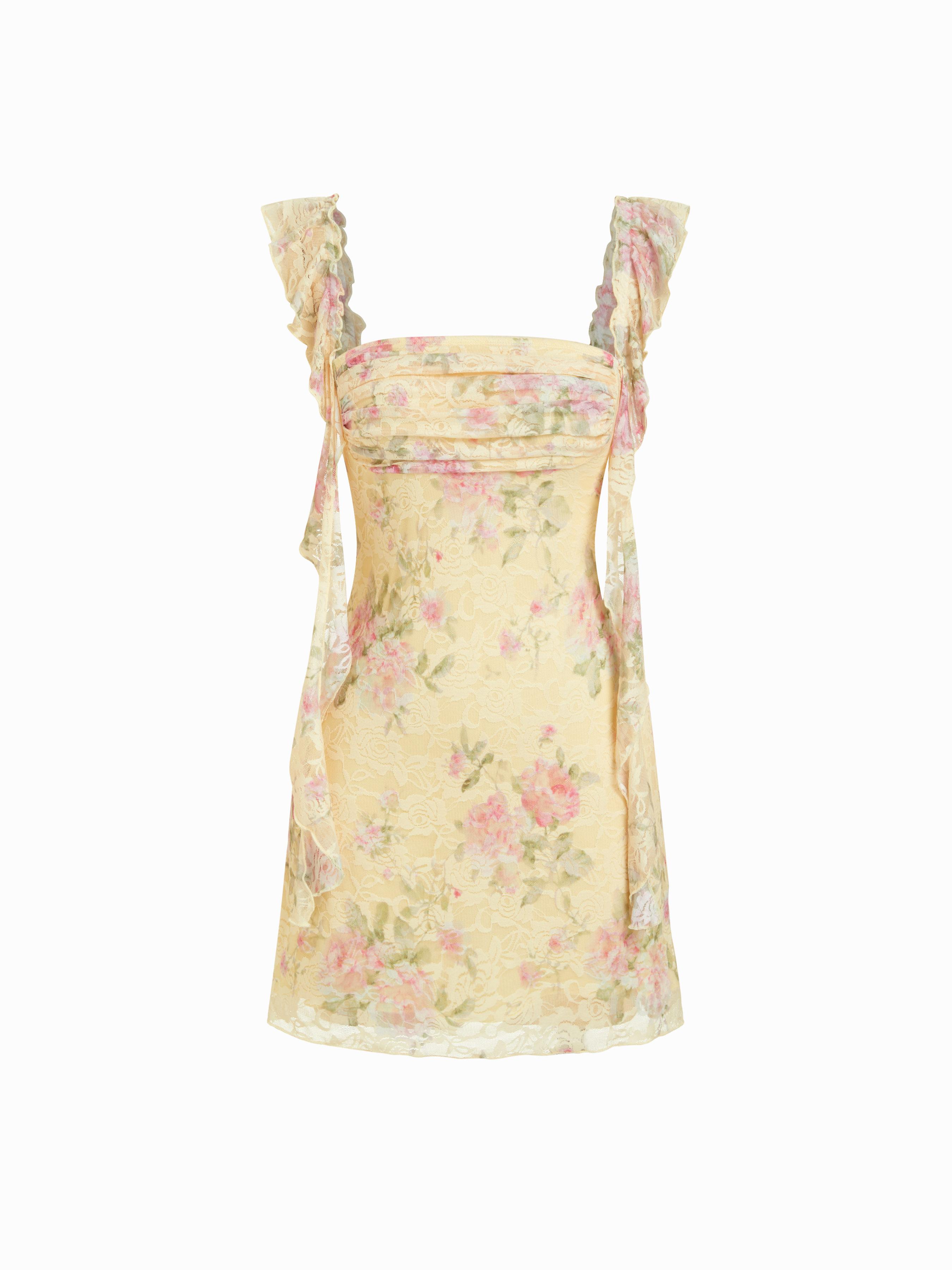 Square Neck Lace Floral Ruffle Hem Ruched Mini Dress by CIDER