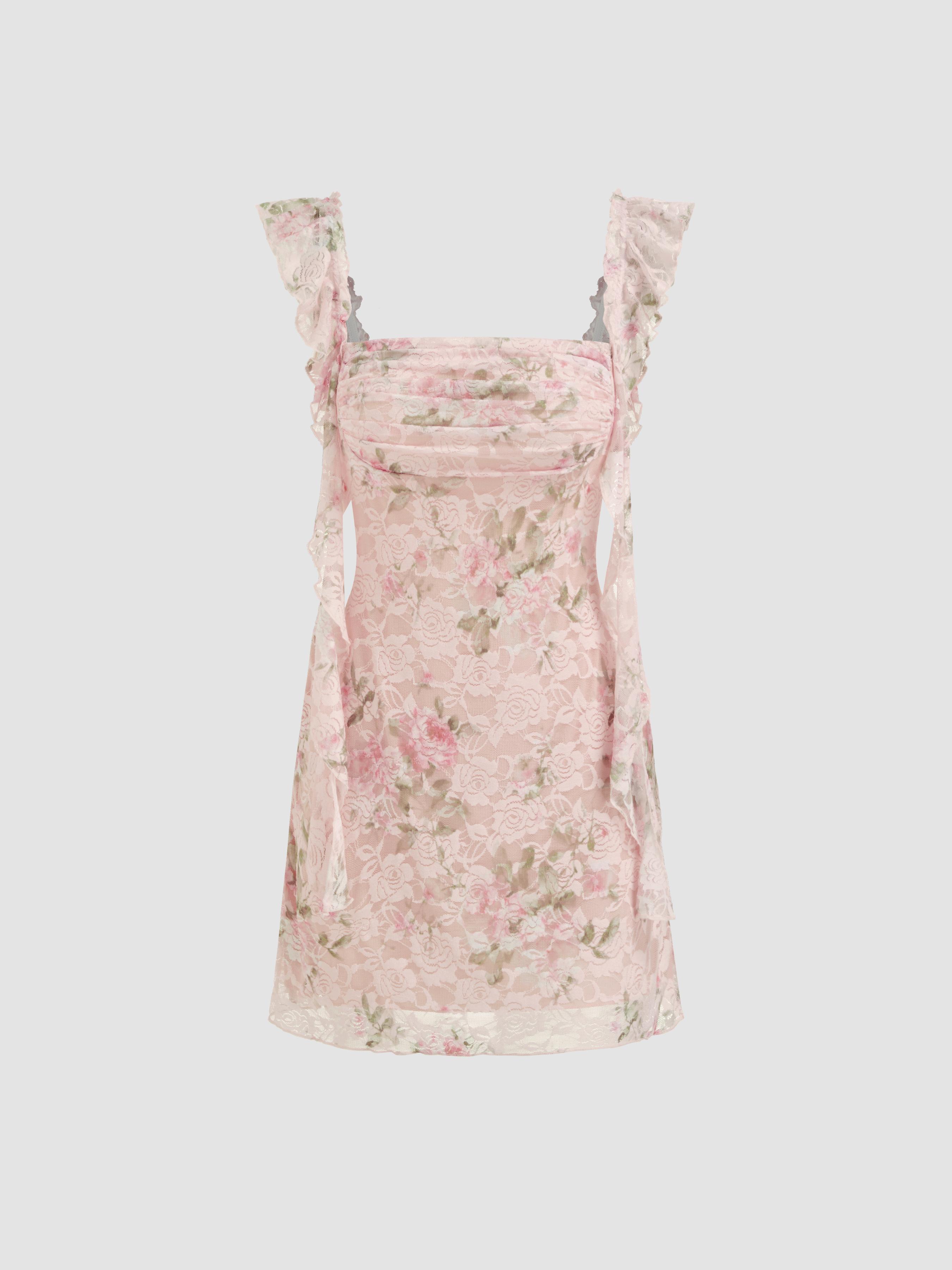 Square Neck Lace Floral Ruffle Hem Ruched Mini Dress by CIDER