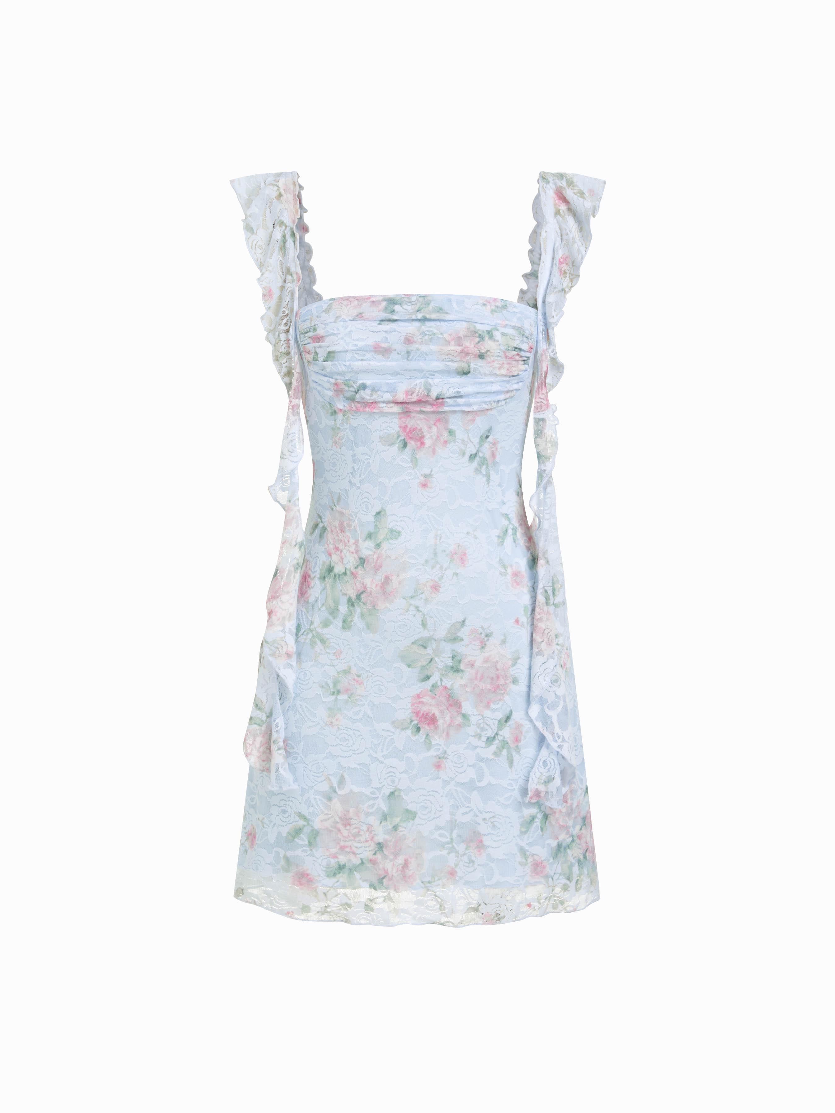 Square Neck Lace Floral Ruffle Hem Ruched Mini Dress by CIDER