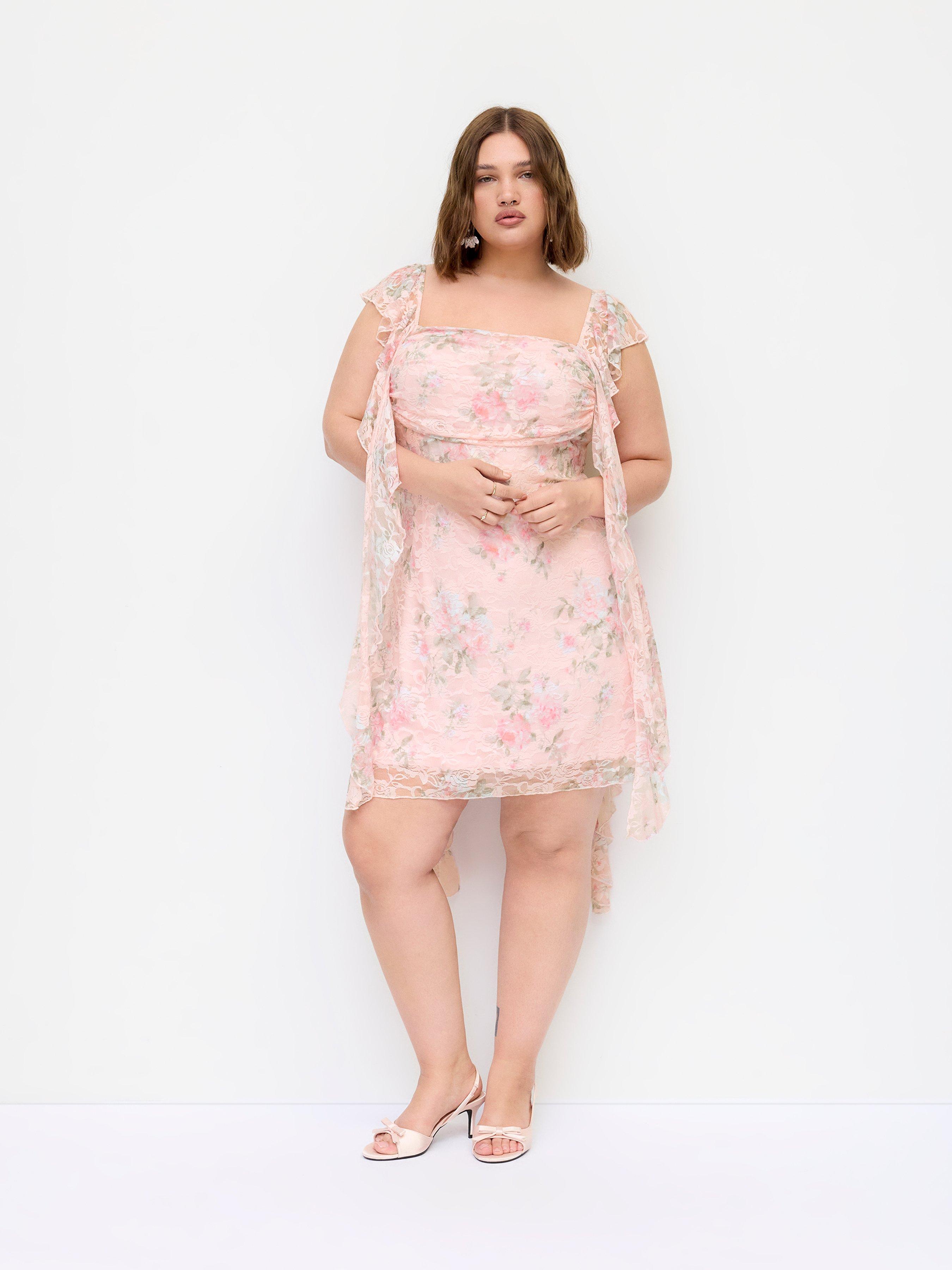 Square Neck Lace Floral Ruffle Hem Ruched Mini Dress Curve & Plus by CIDER