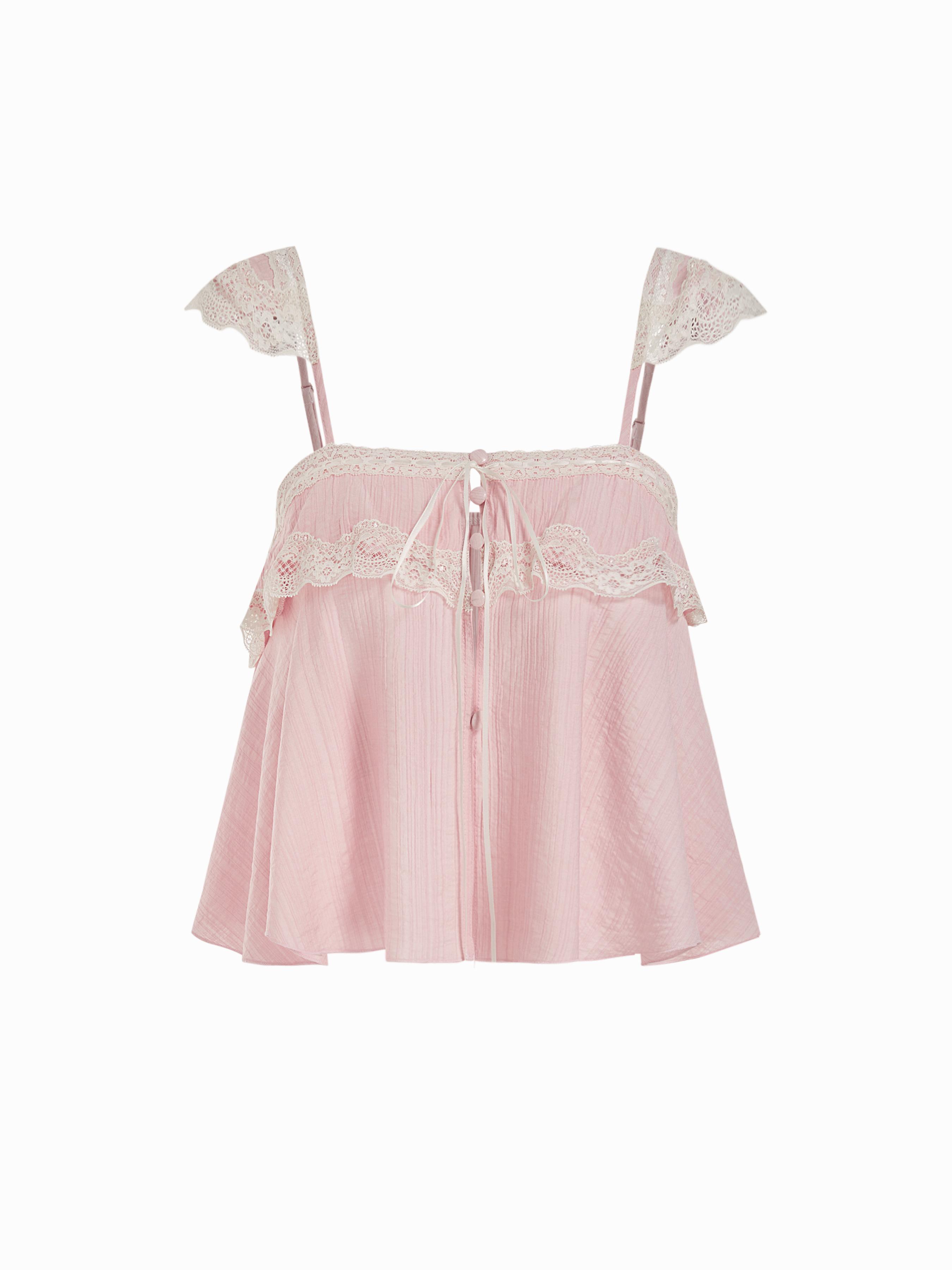 Square Neck Lace Trim Knotted Ruffled Sleeve Blouse by CIDER