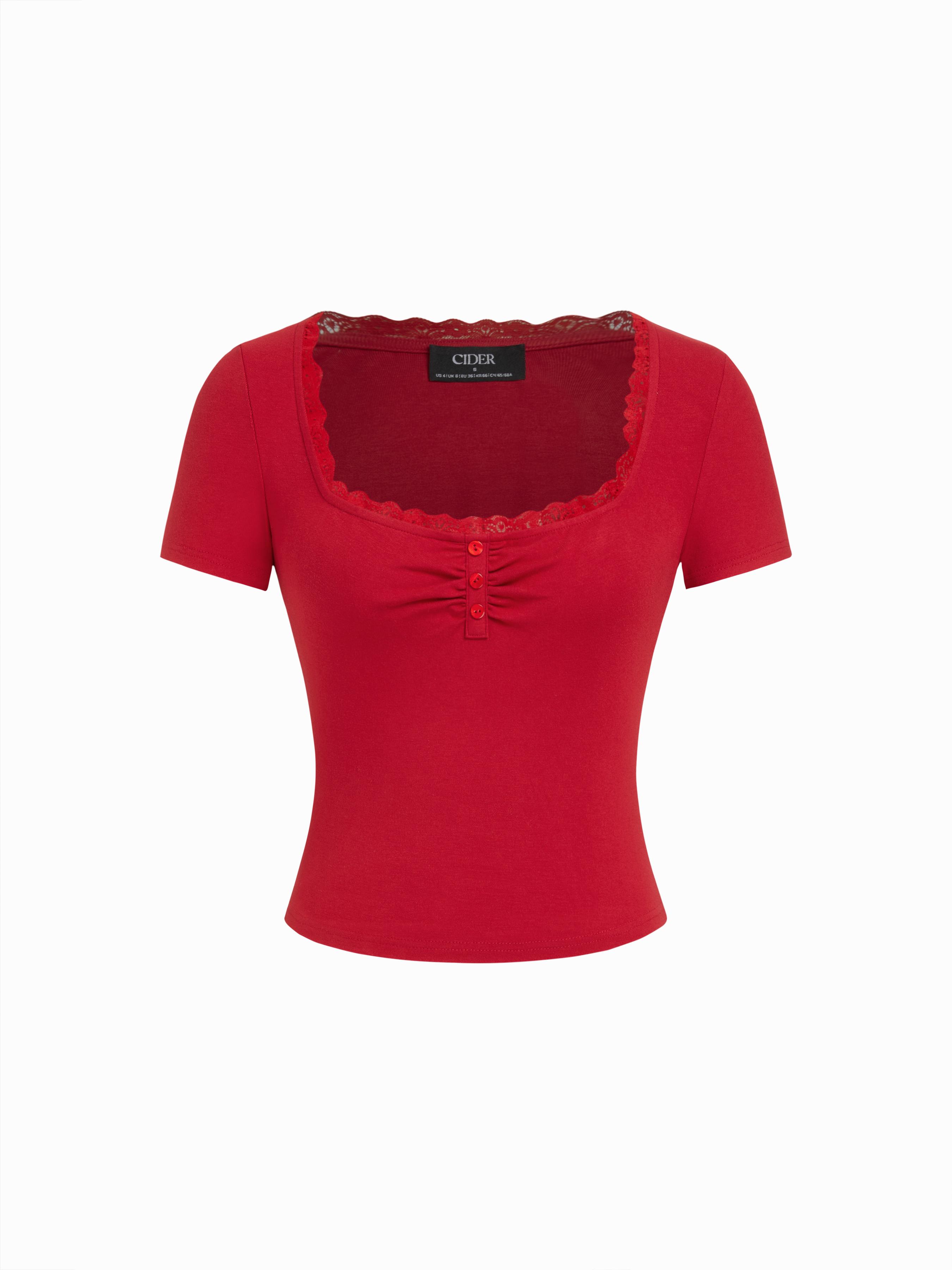 Square Neck Lace Trim Ruched Front Button Tee by CIDER