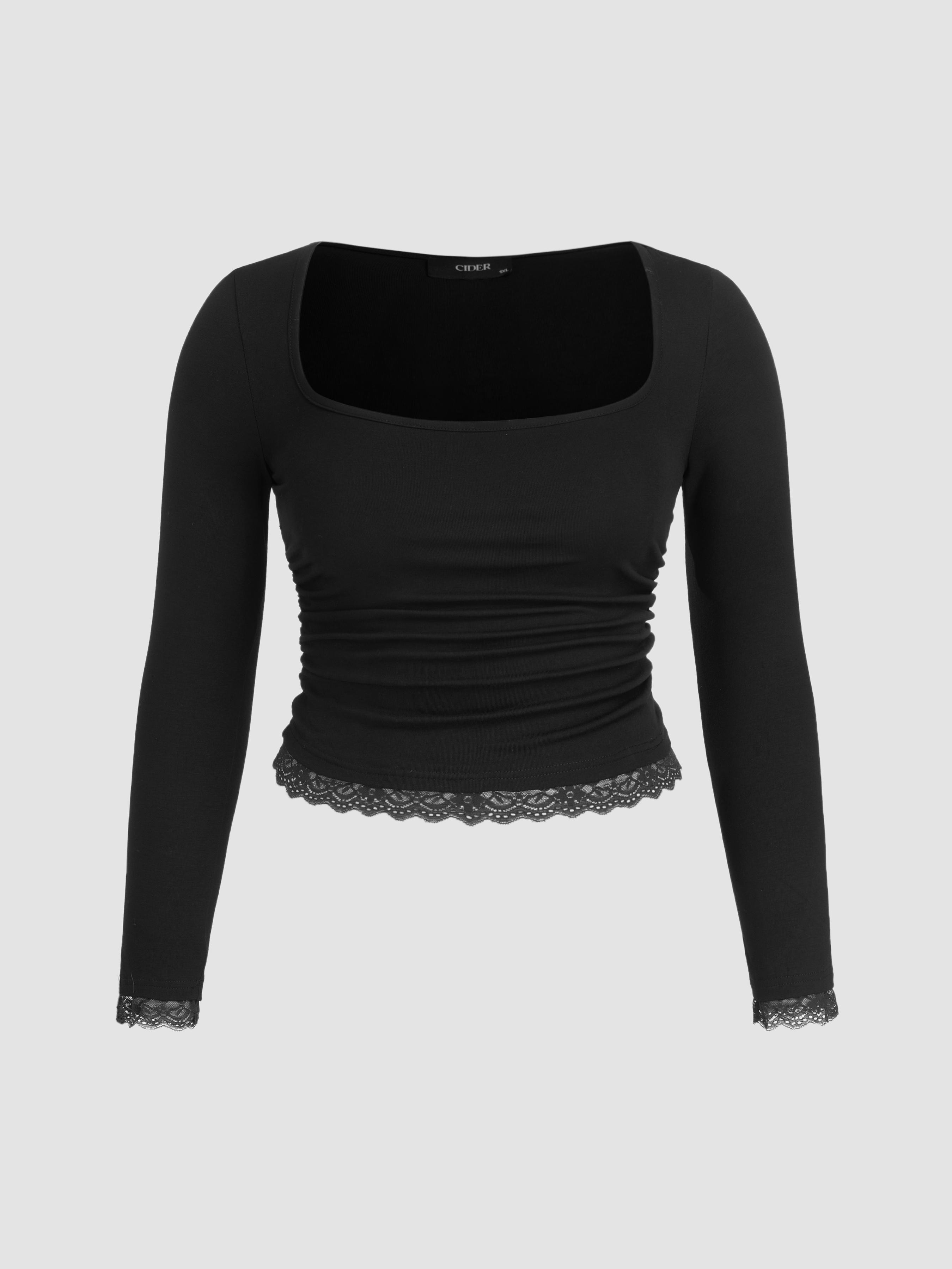 Square Neck Lace Trim Ruched Long Sleeve Tee Curve & Plus by CIDER