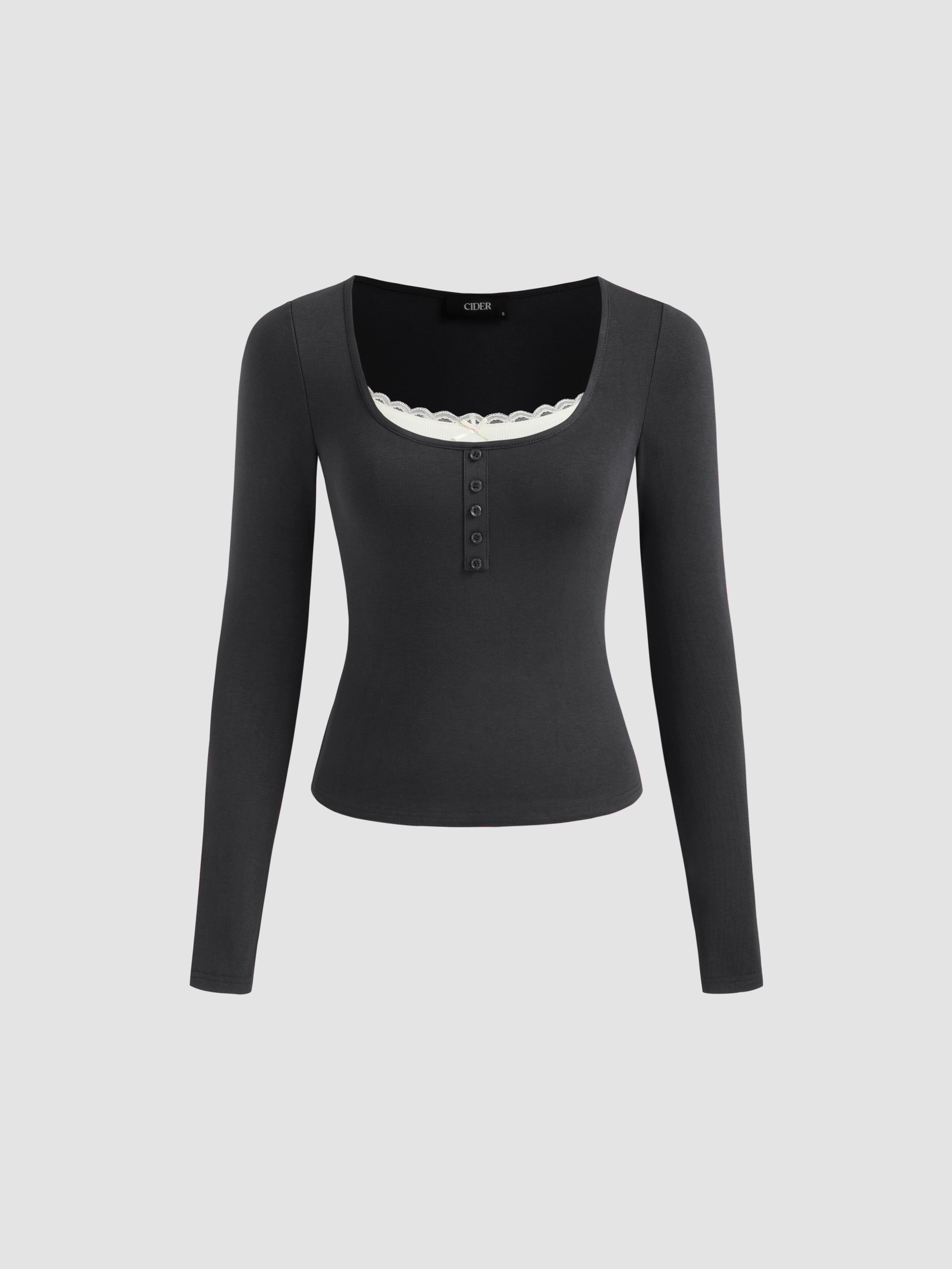 Square Neck Lace Trim Two Tone Long Sleeve Tee by CIDER