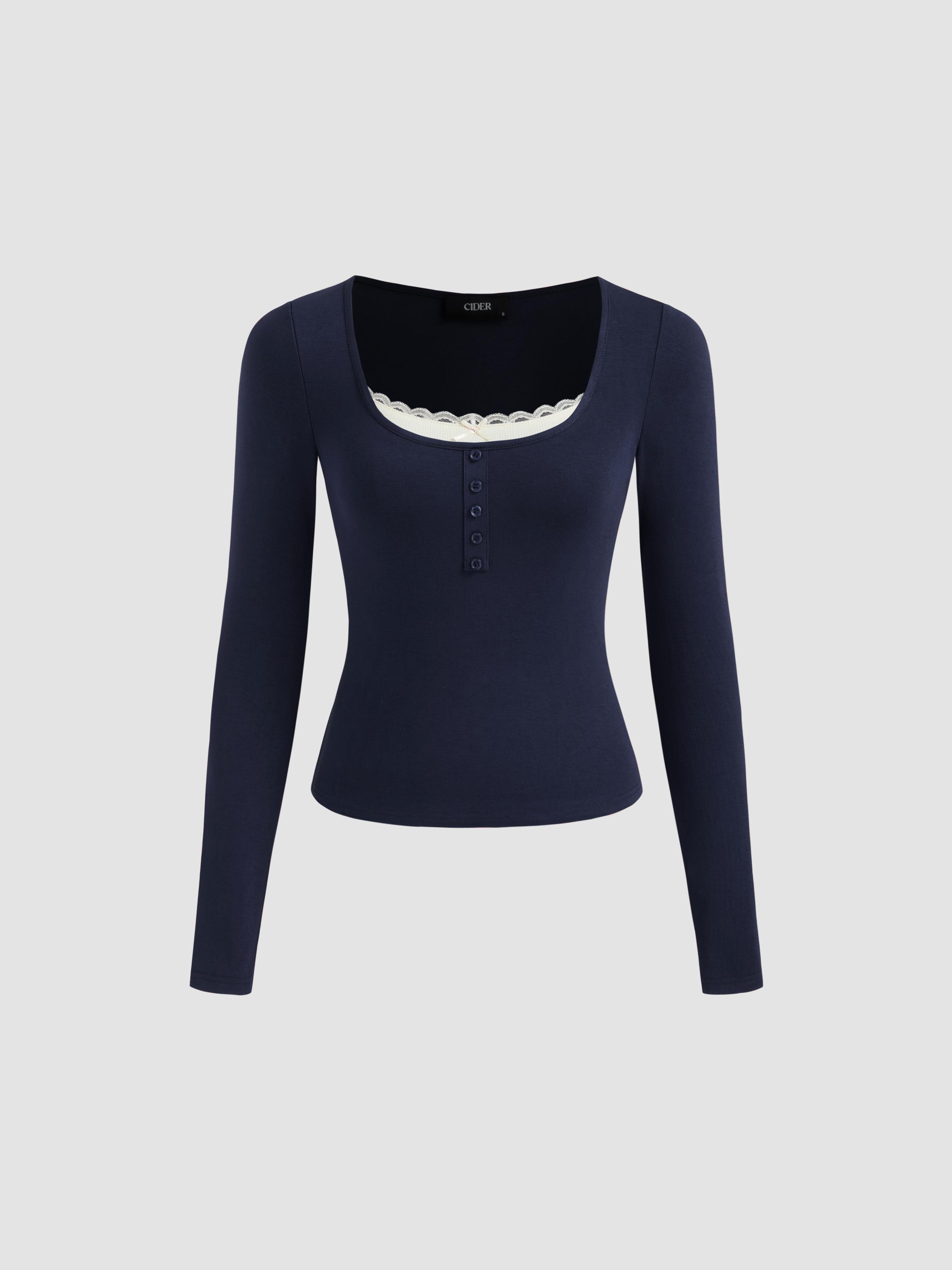 Square Neck Lace Trim Two Tone Long Sleeve Tee by CIDER