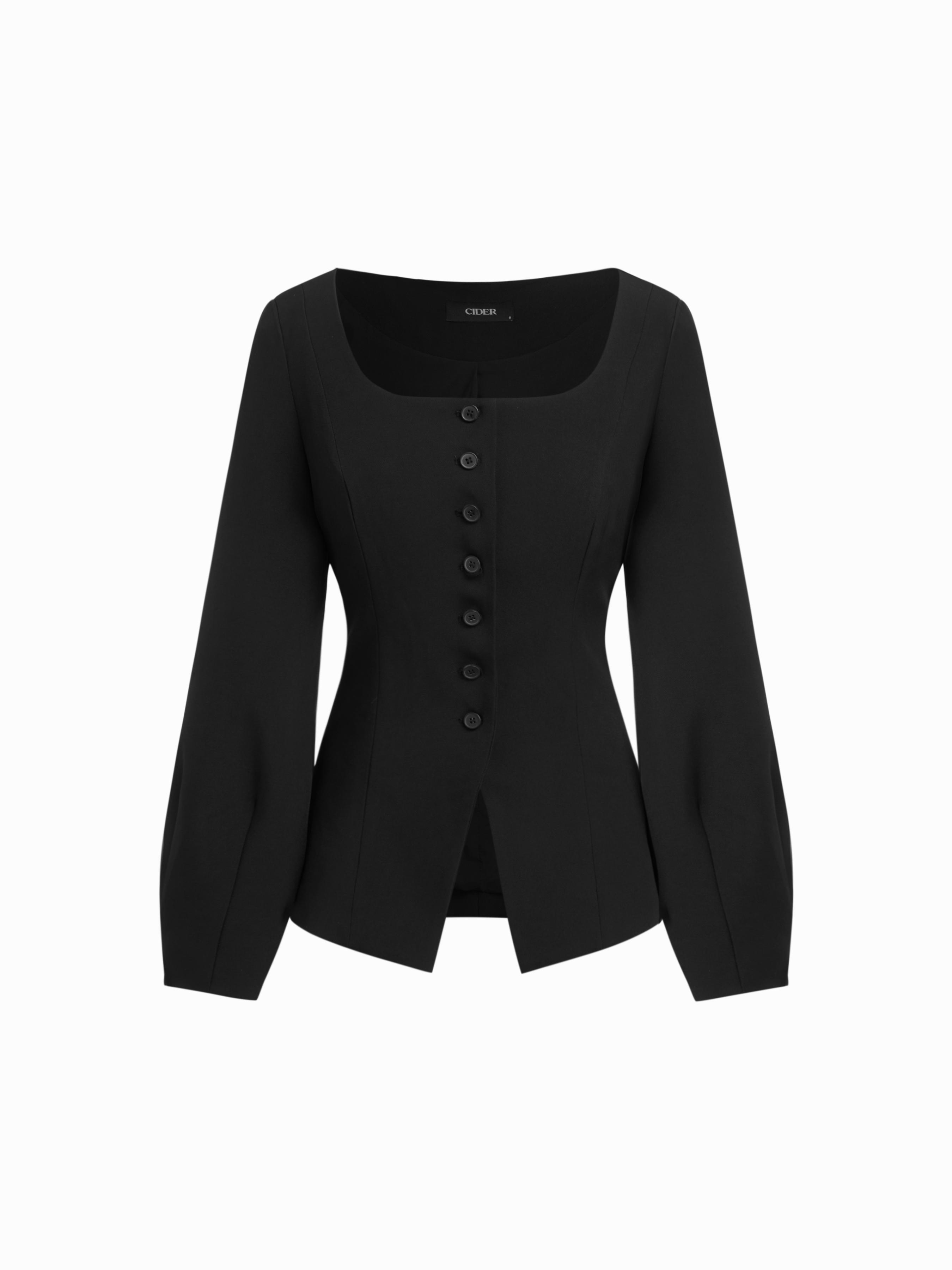 Square Neck Long Sleeve Split Front Button Blazer by CIDER