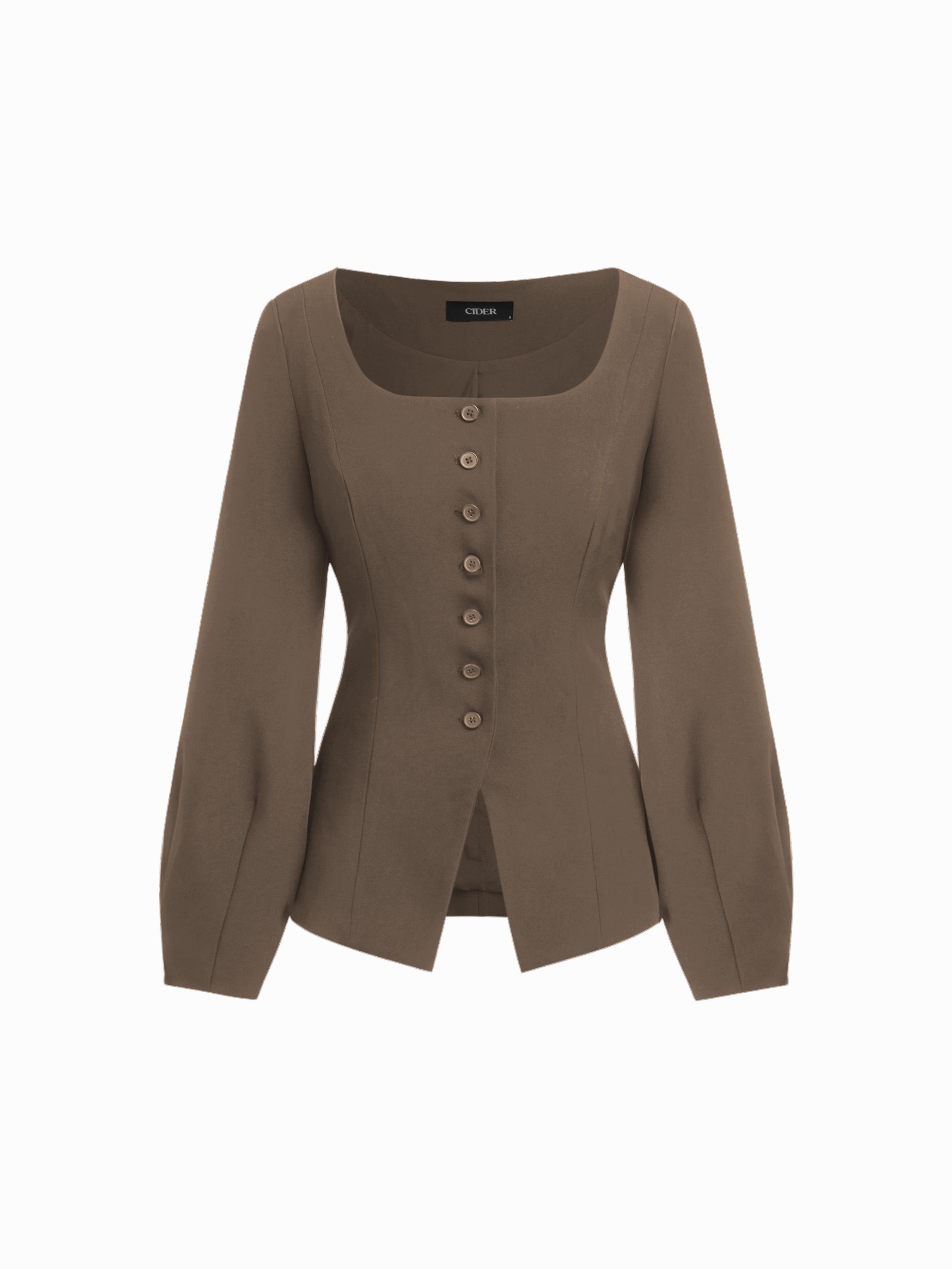 Square Neck Long Sleeve Split Front Button Blazer by CIDER