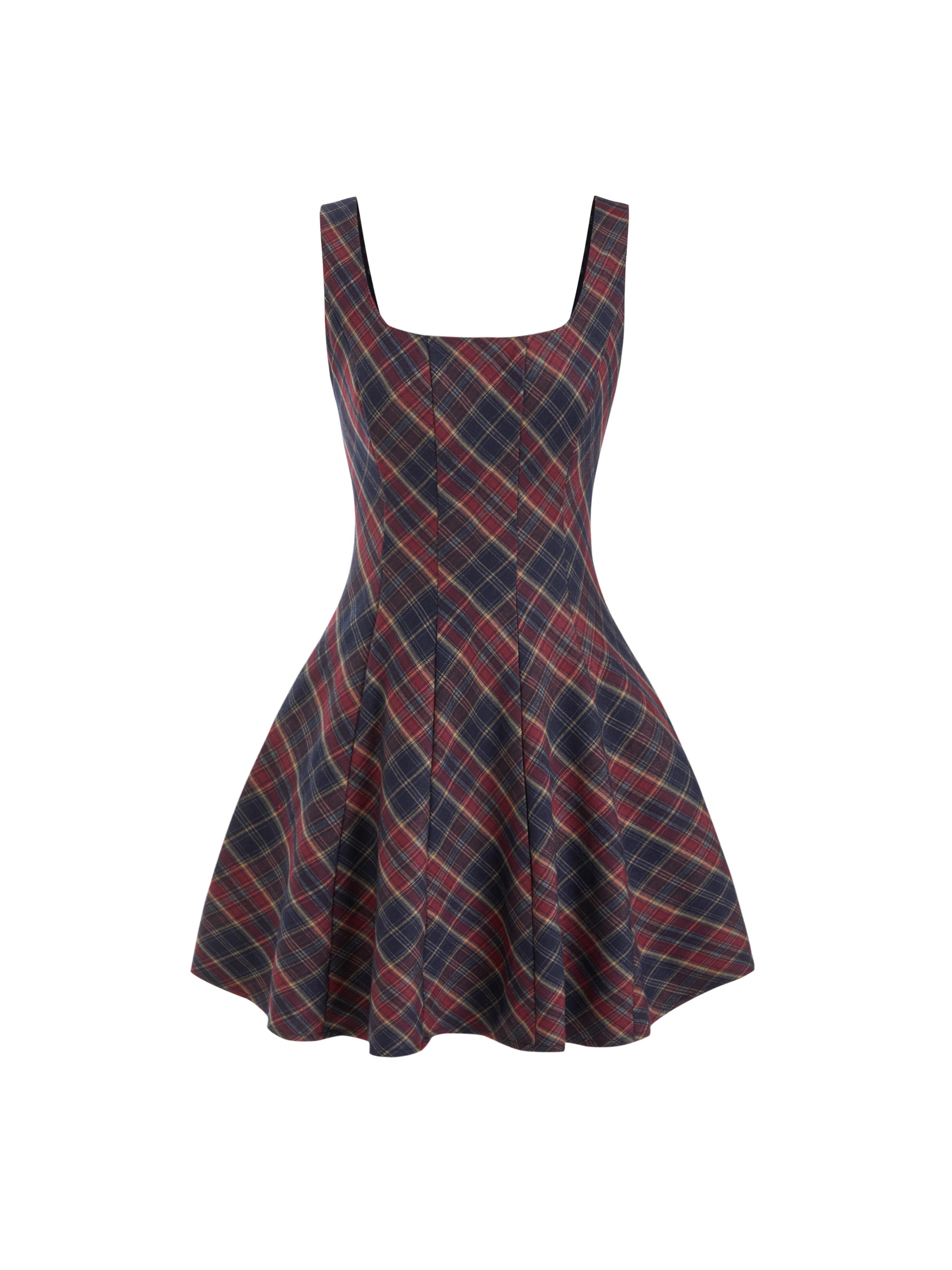 Square Neck Plaid Flared MIni Dress by CIDER