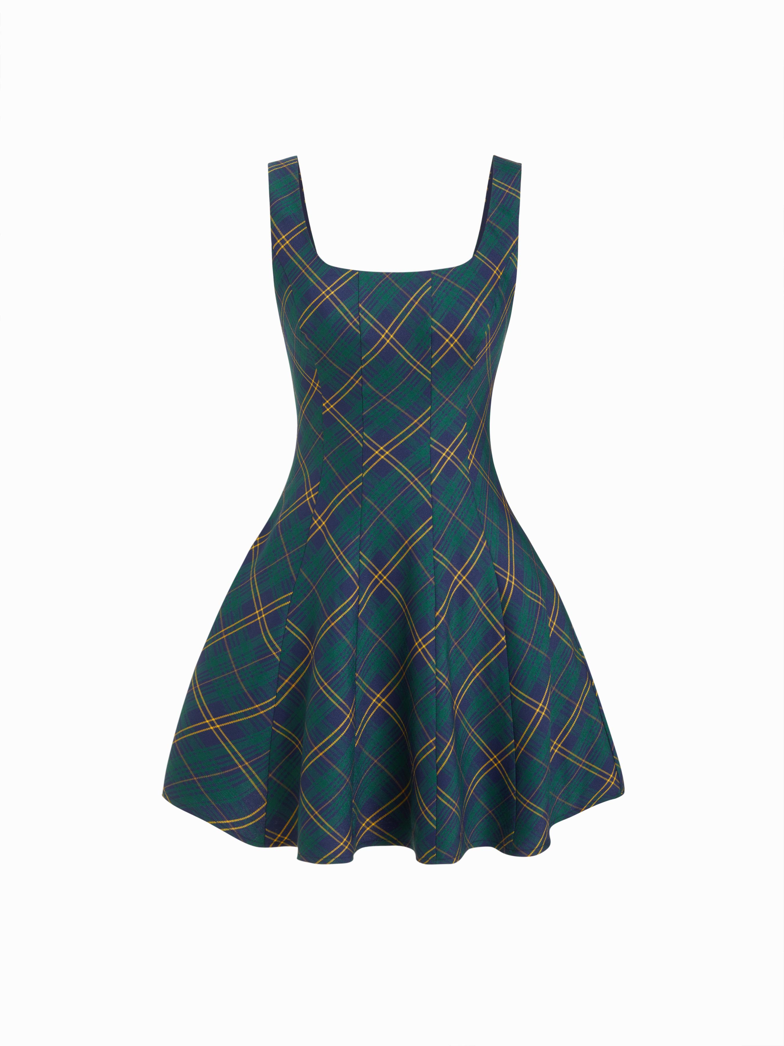 Square Neck Plaid Flared MIni Dress by CIDER