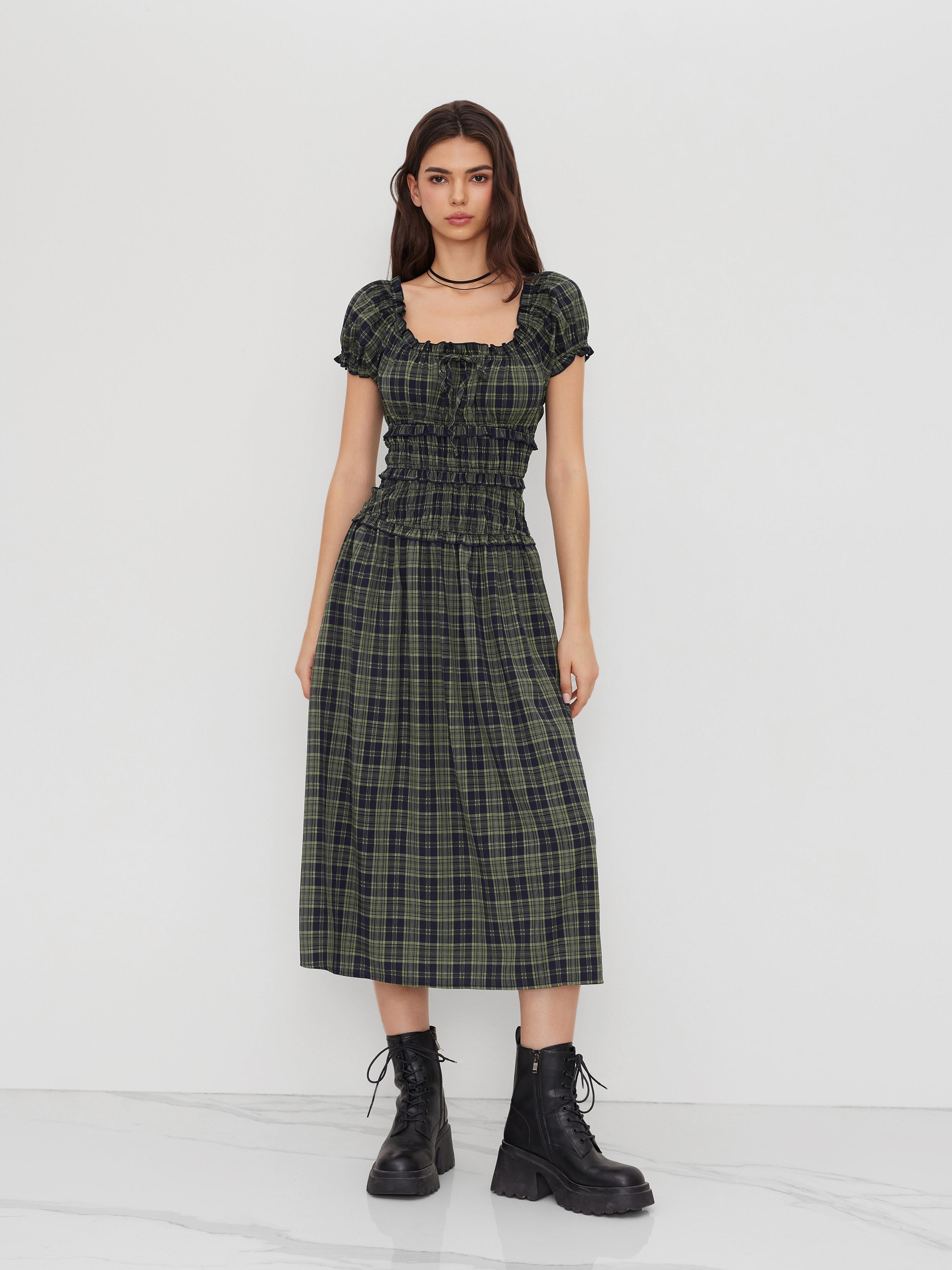 Square Neck Plaid Lettuce Trim Shirred Knotted Maxi Dress by CIDER