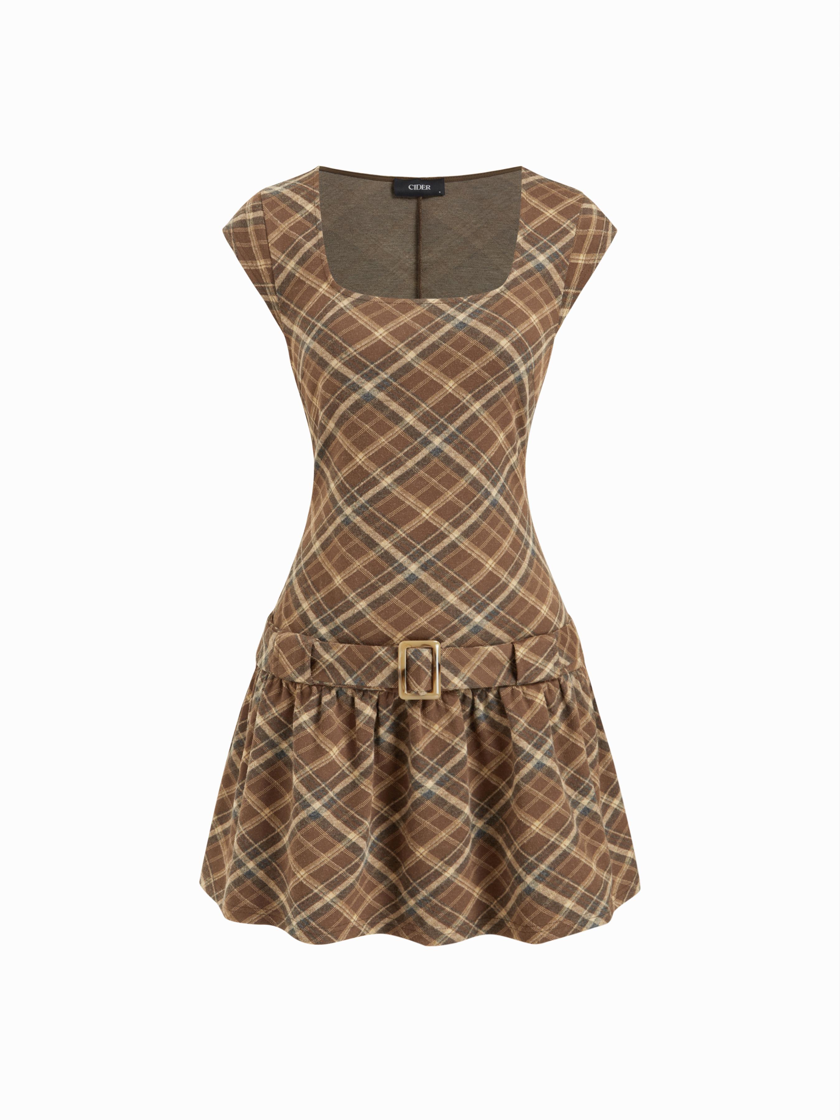 Square Neck Plaid Mini Dress With Belt by CIDER