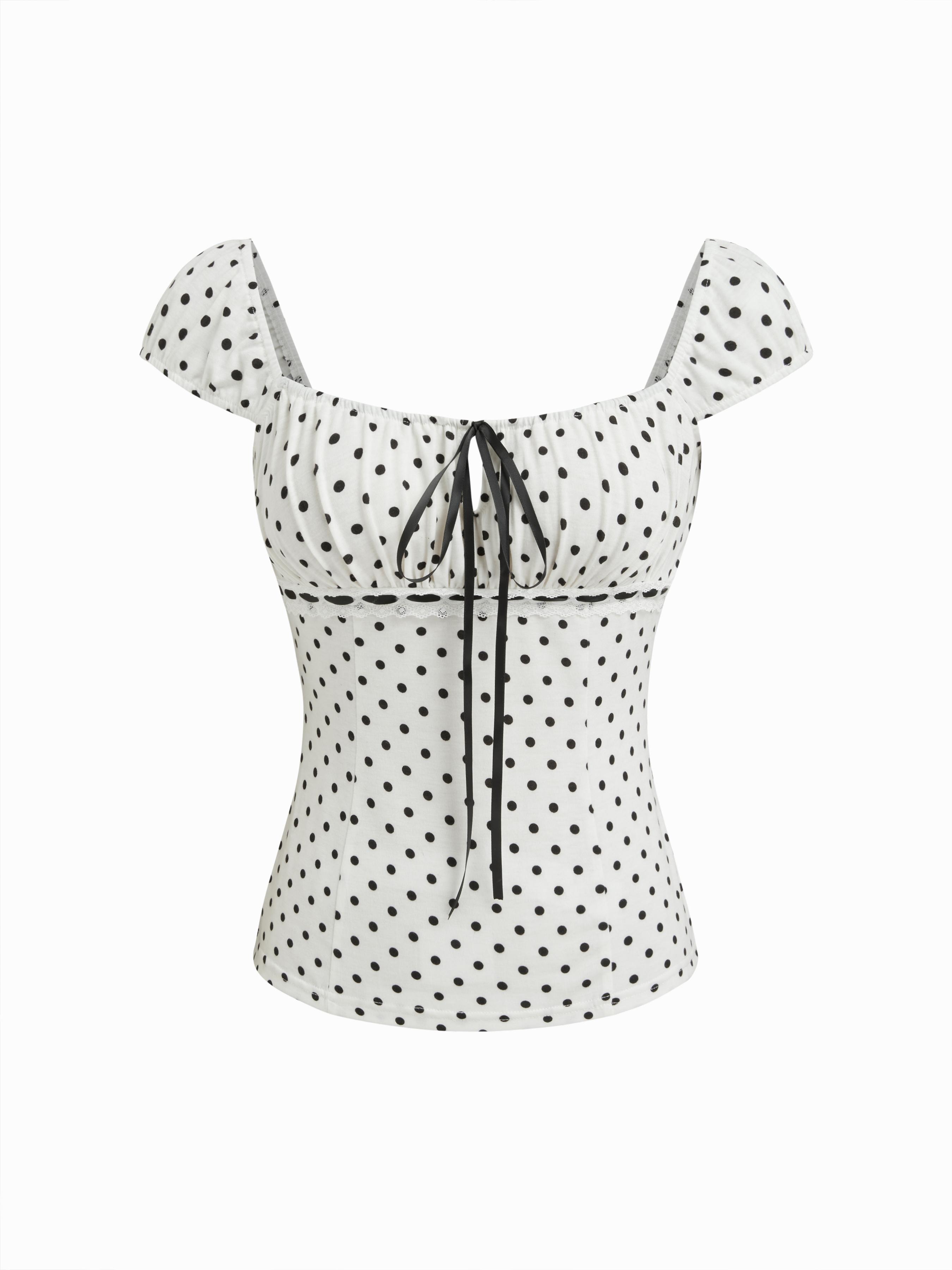 Square Neck Polka Dot Knotted Short Sleeve Top by CIDER