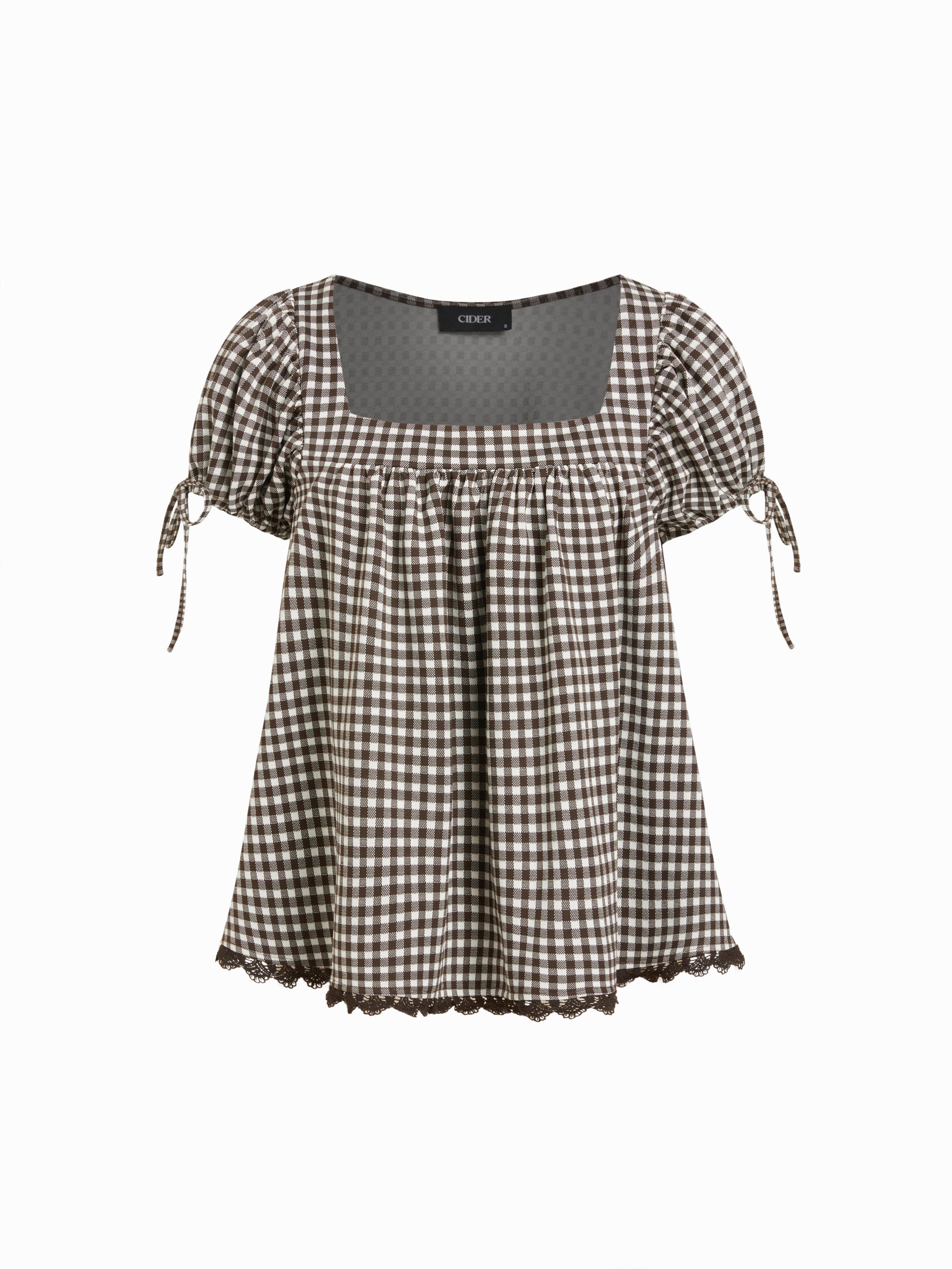 Square Neck Puff Sleeve Plaid Drawstring Blouse by CIDER