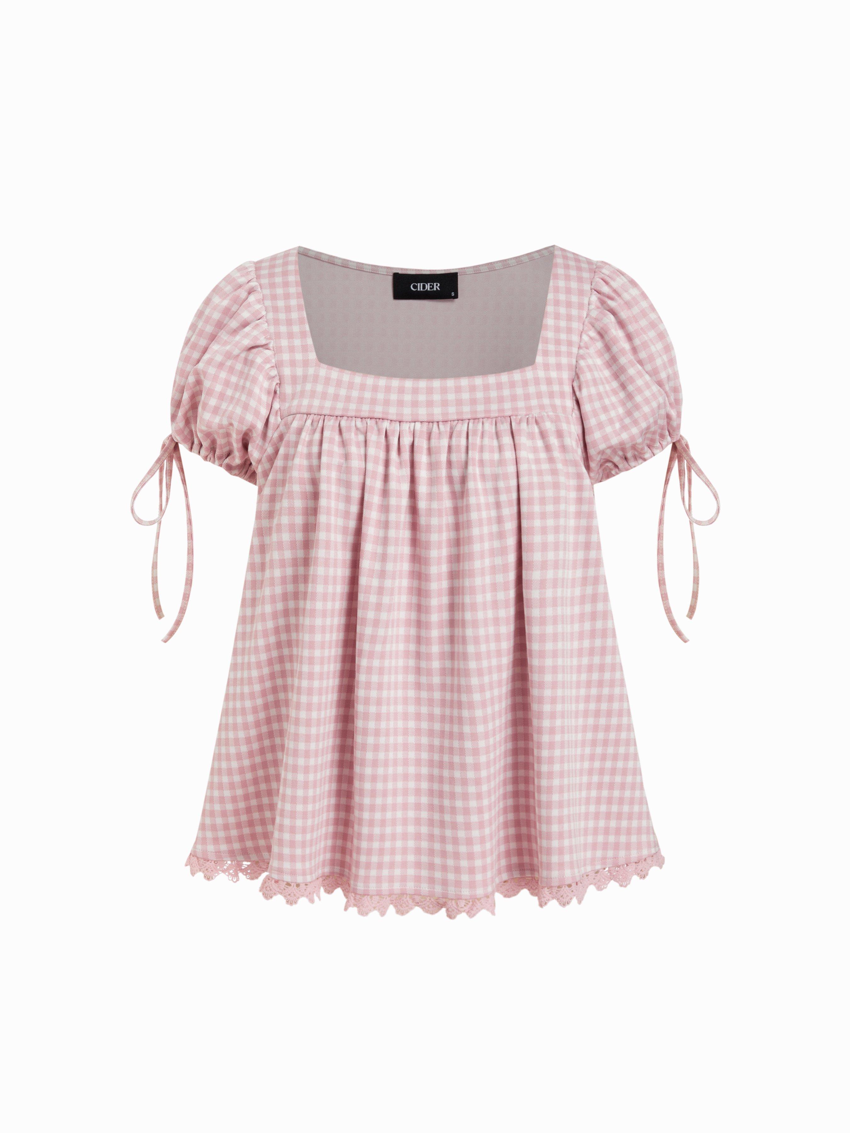 Square Neck Puff Sleeve Plaid Drawstring Blouse by CIDER