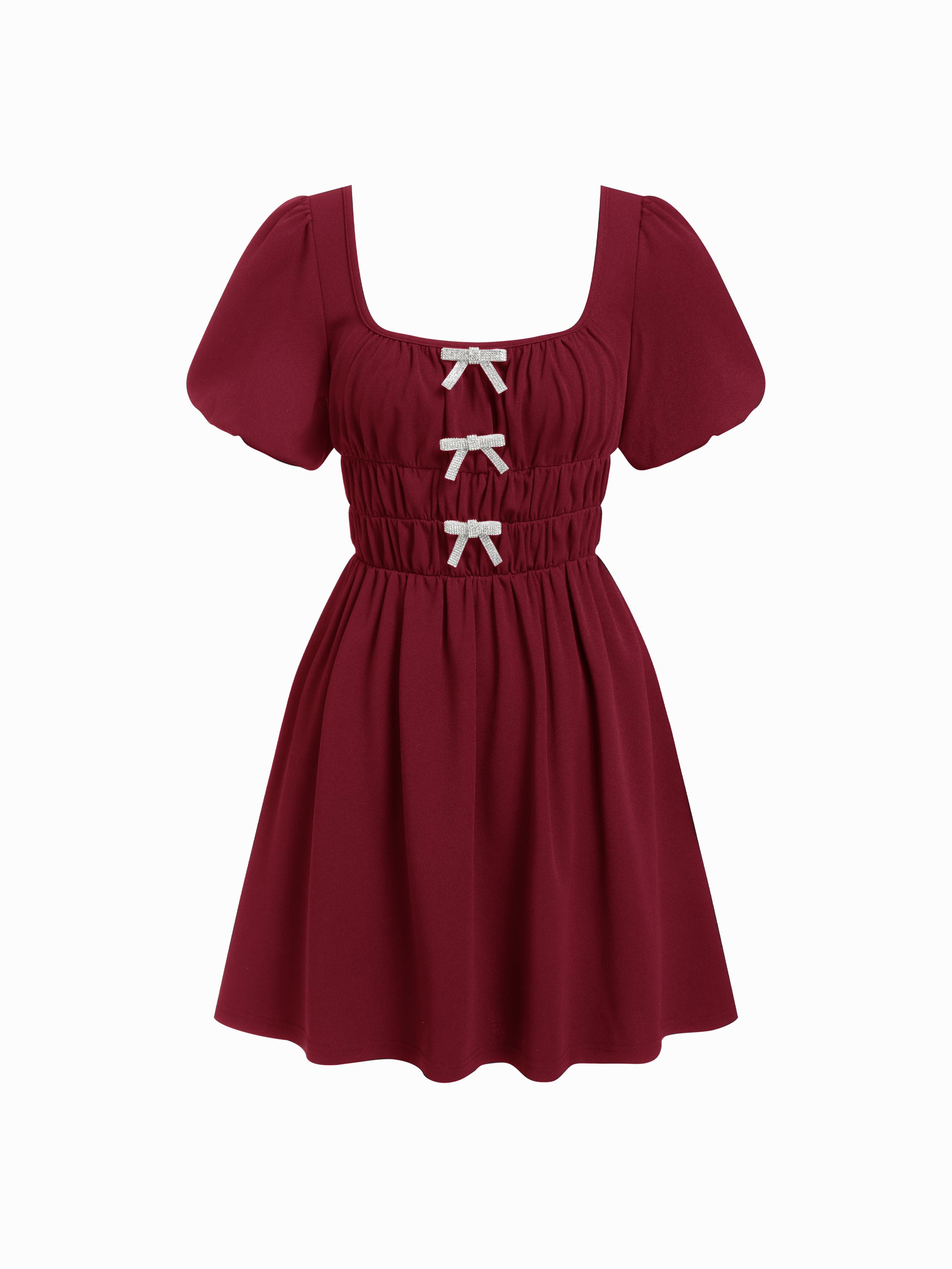 Square Neck Rhinestone Bowknot Flared Mini Dress by CIDER