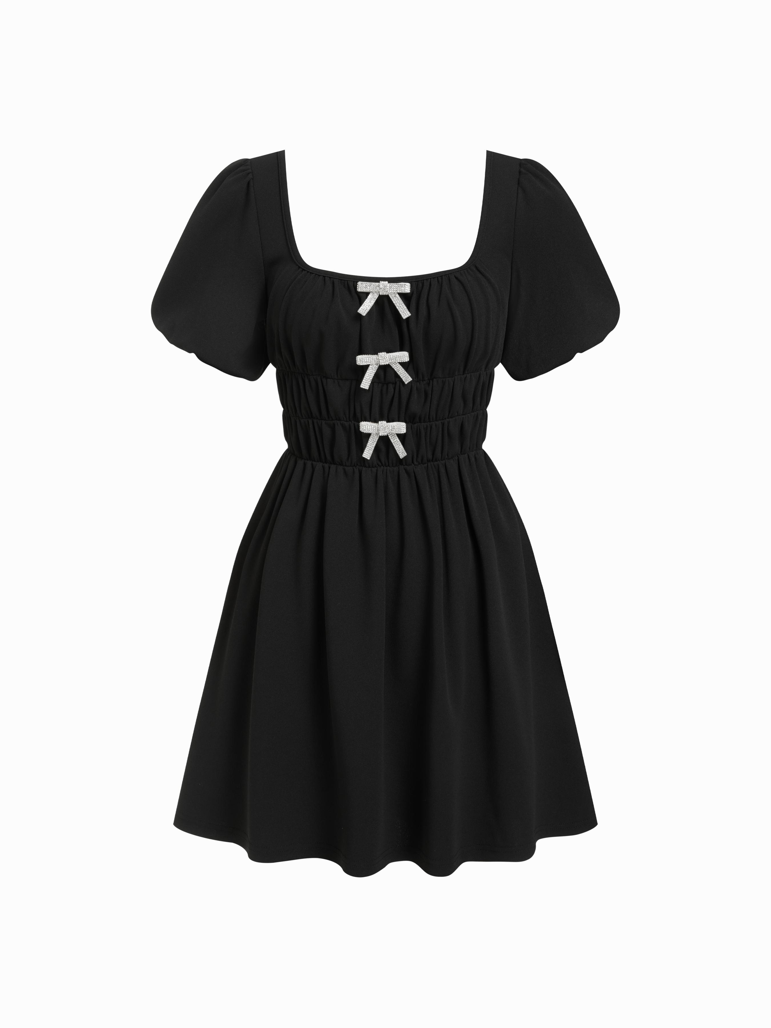 Square Neck Rhinestone Bowknot Flared Mini Dress by CIDER