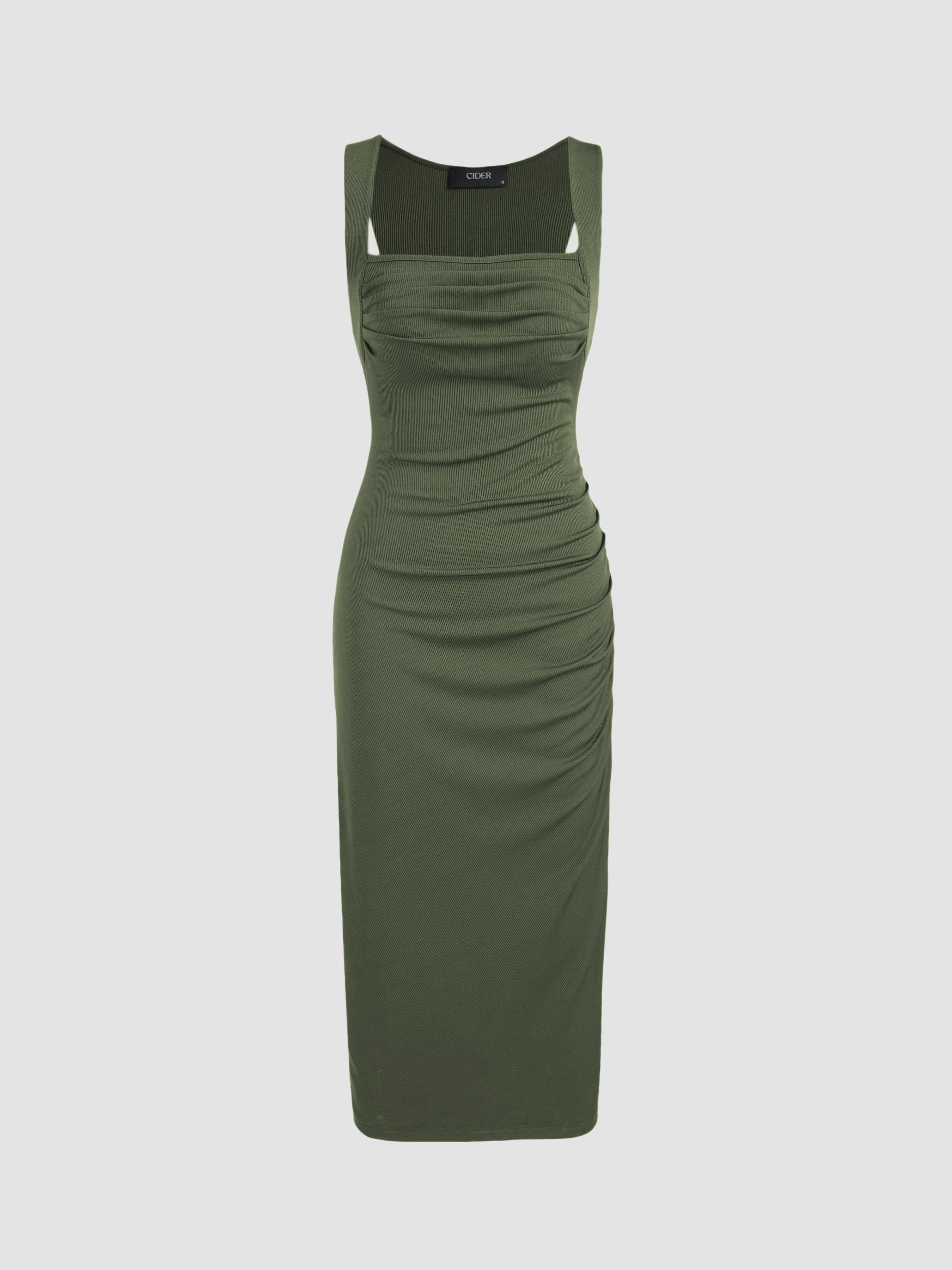 Square Neck Ruched Sleeveless Midi Dress by CIDER