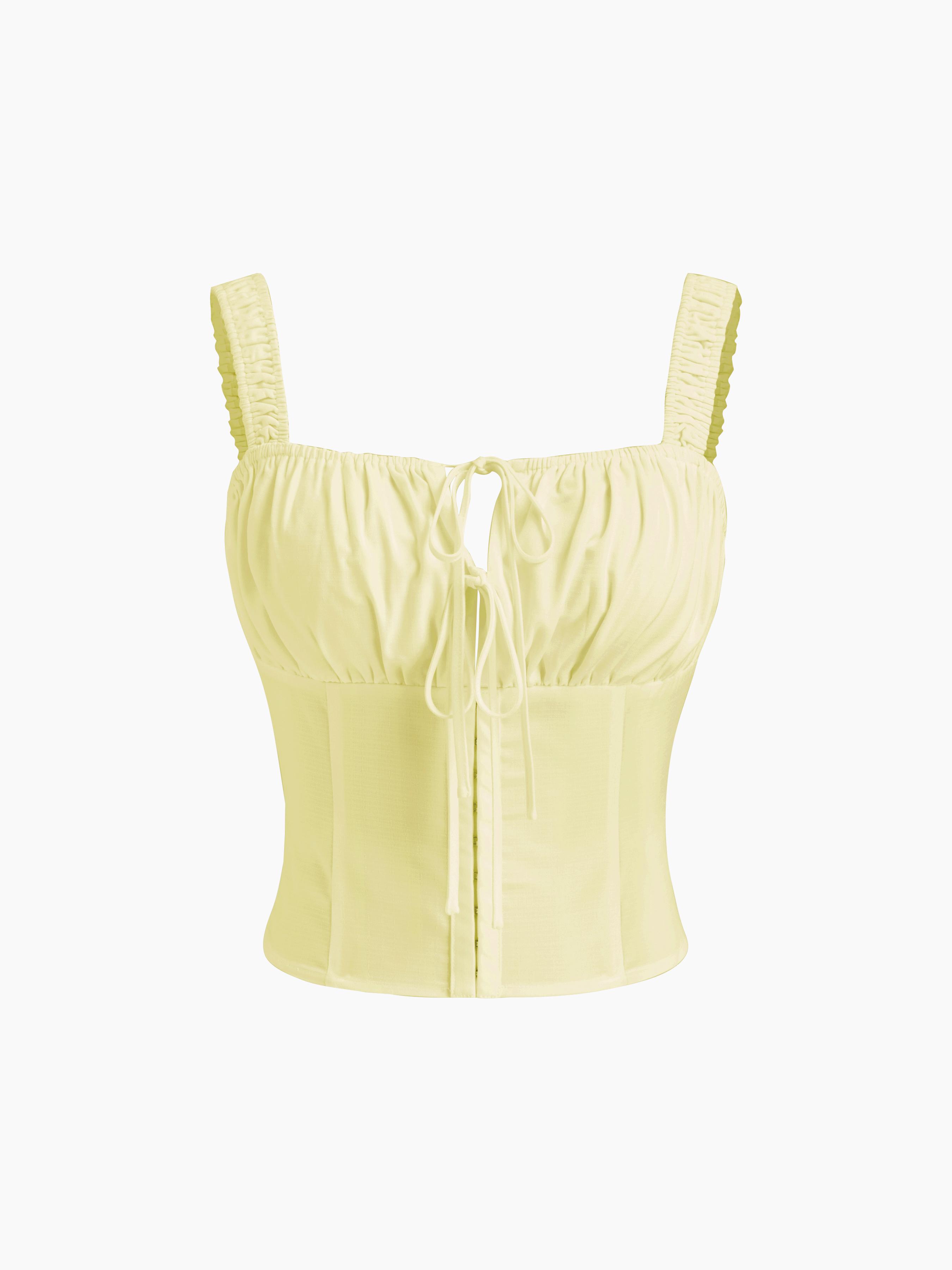 Square Neck Ruched Tie Front Crop Tank Top by CIDER