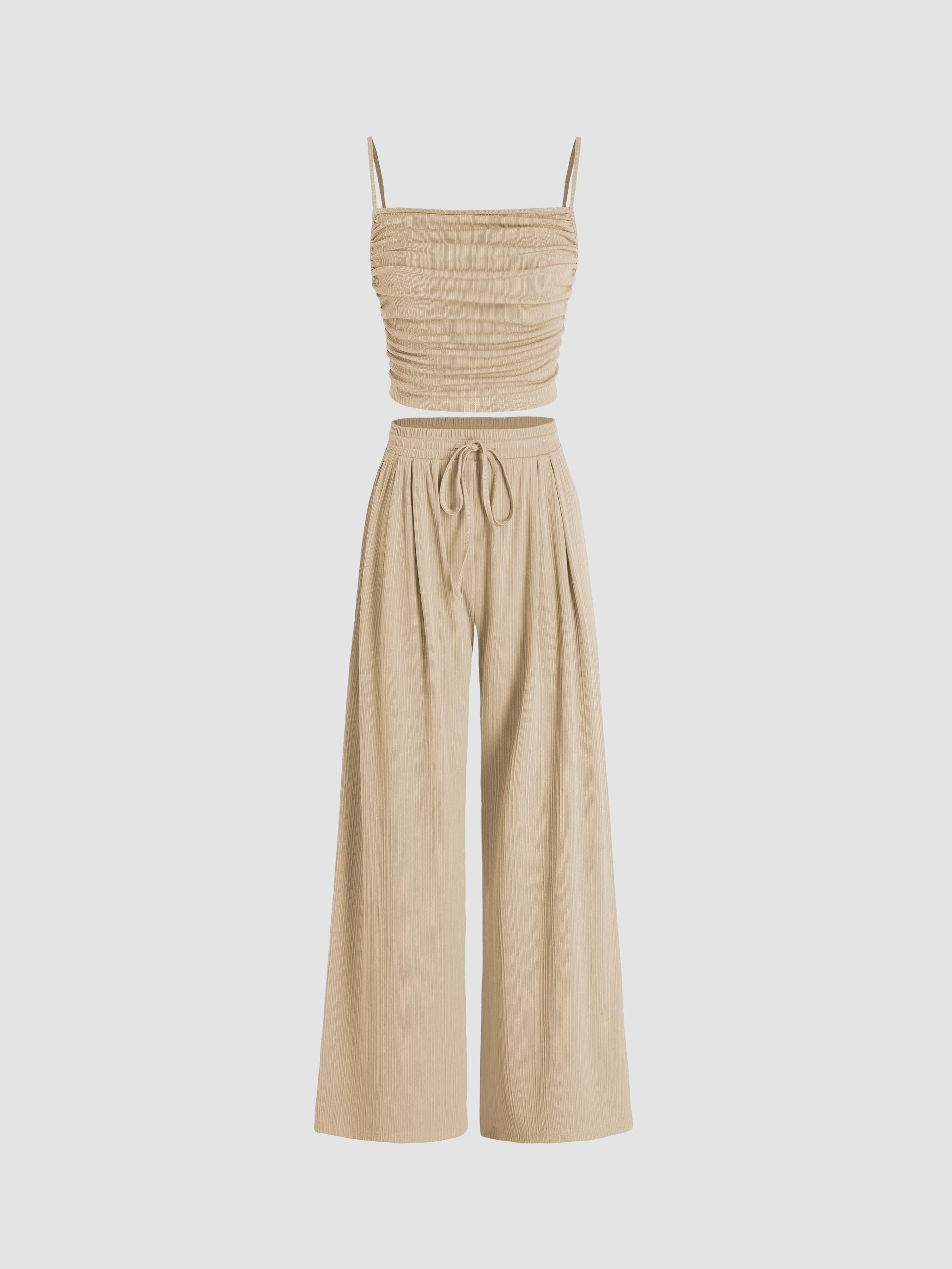 Square Neck Ruched Top & Elastic Waist Trousers Matching Set by CIDER