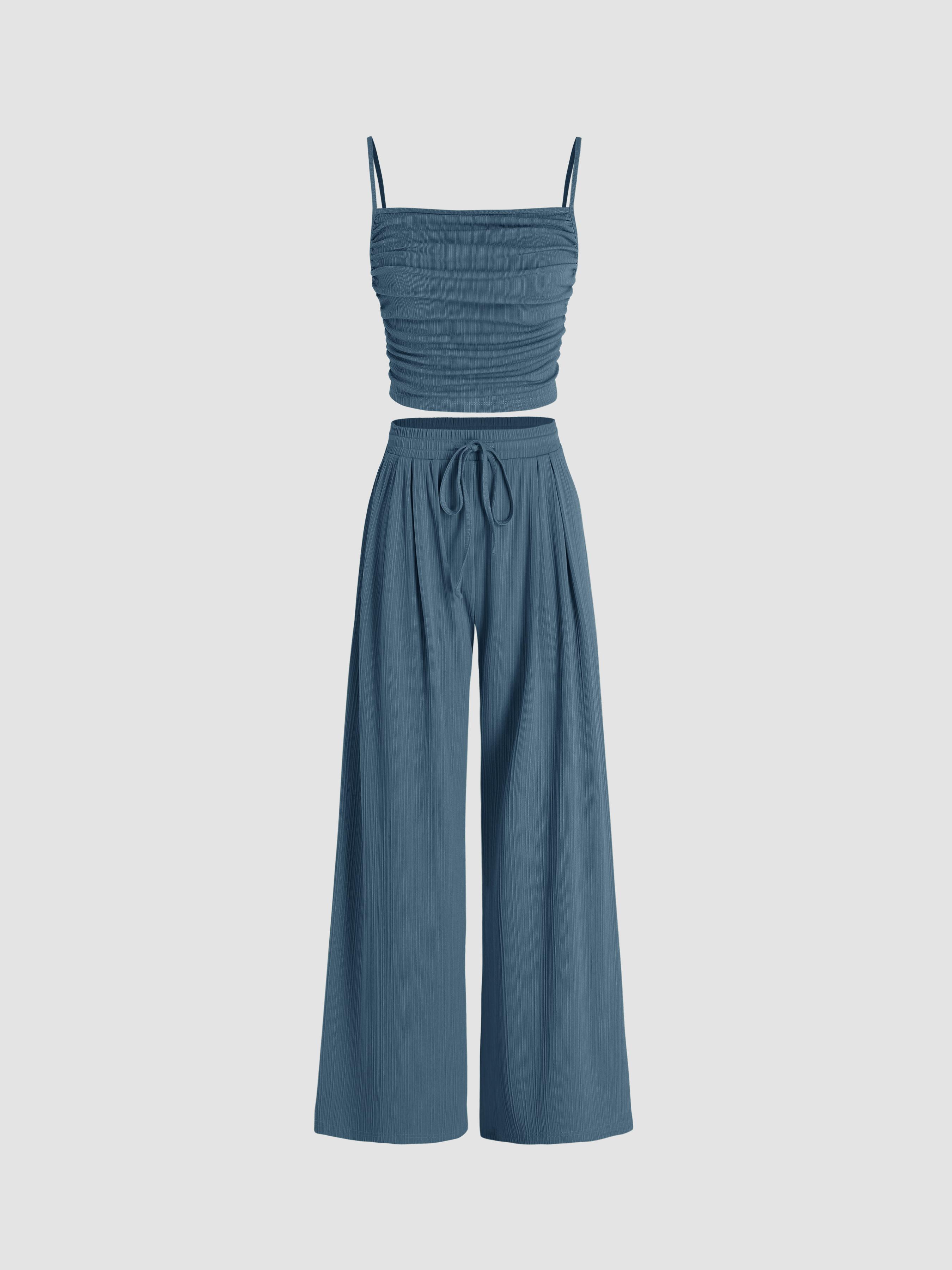 Square Neck Ruched Top & Elastic Waist Trousers Matching Set by CIDER