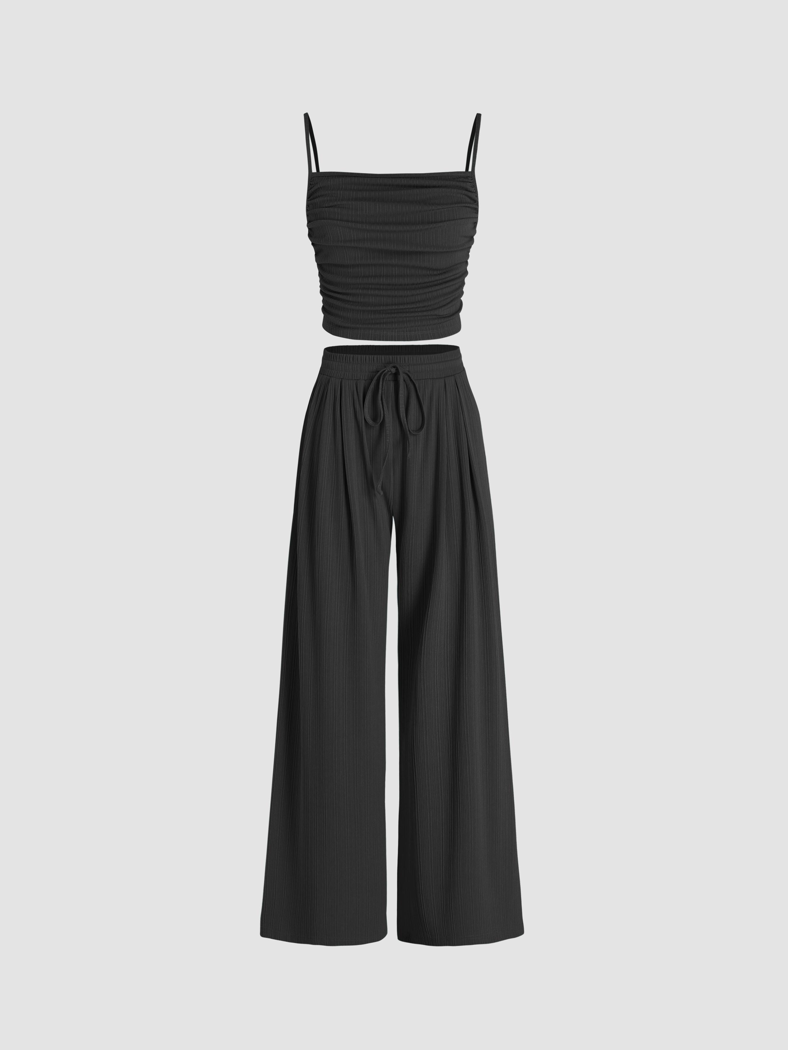 Square Neck Ruched Top & Elastic Waist Trousers Matching Set by CIDER