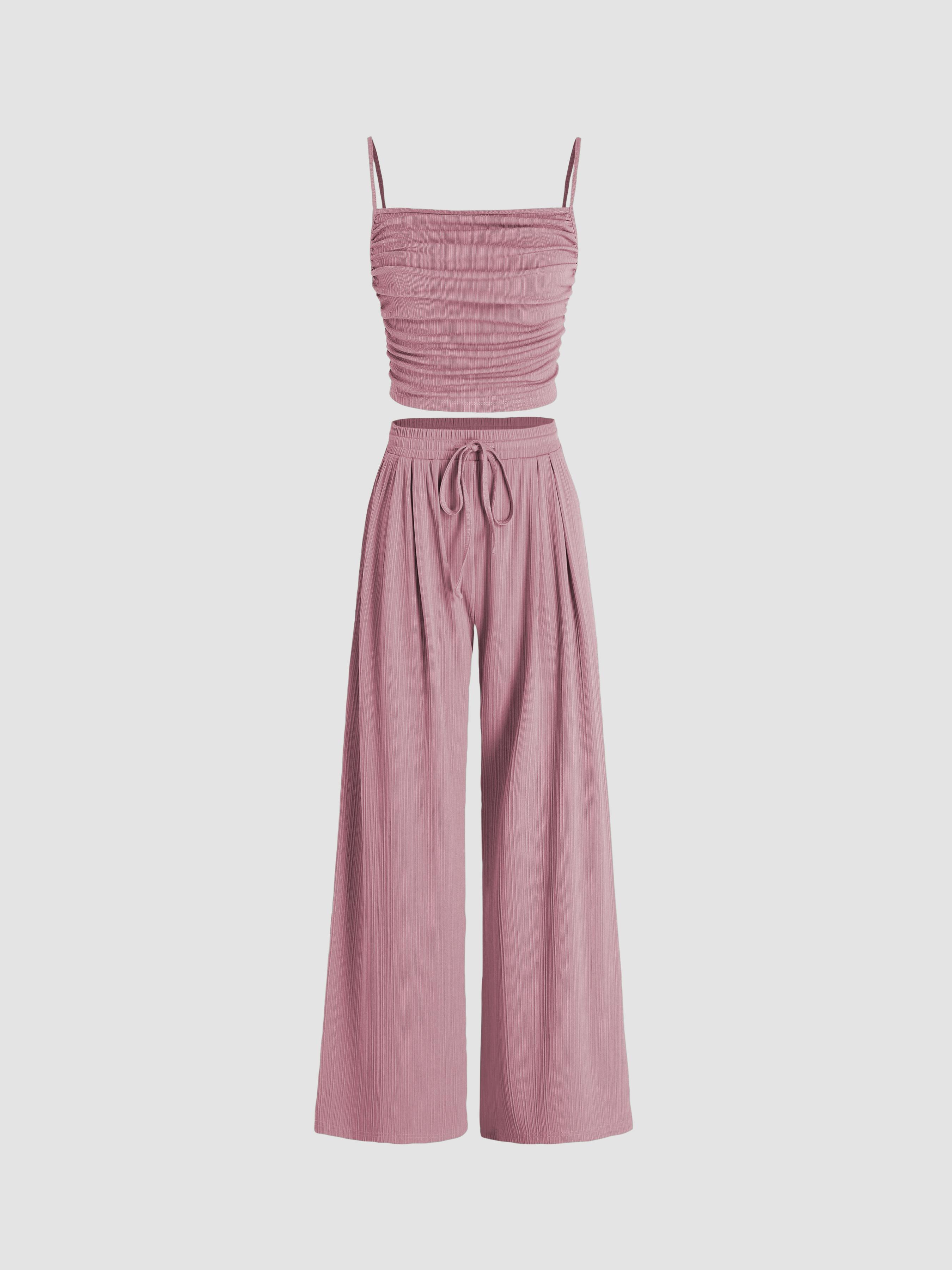Square Neck Ruched Top & Elastic Waist Trousers Matching Set by CIDER