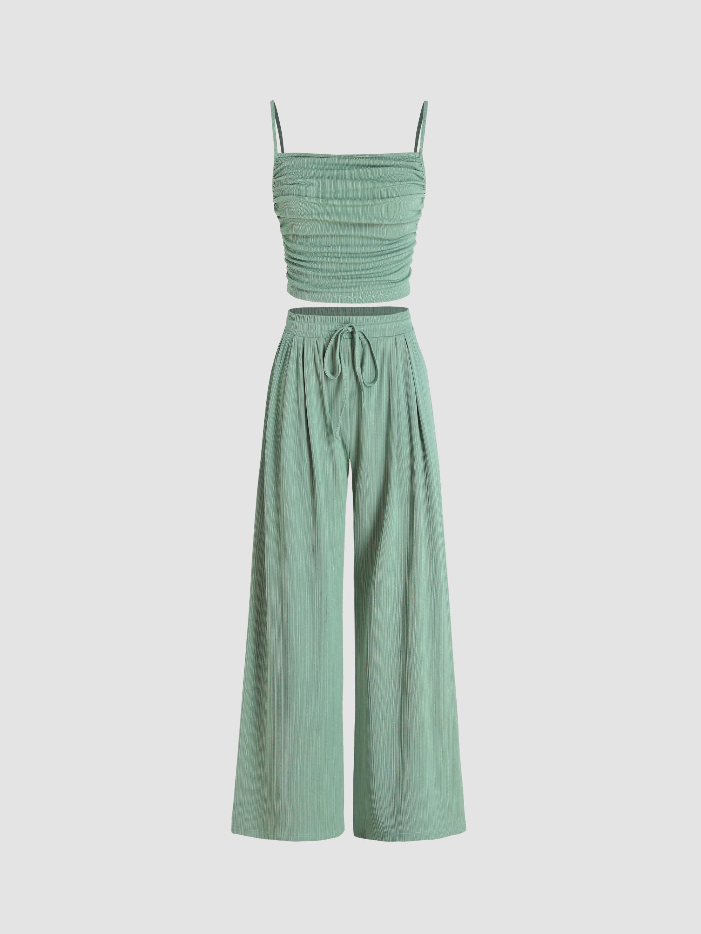Square Neck Ruched Top & Elastic Waist Trousers Matching Set by CIDER