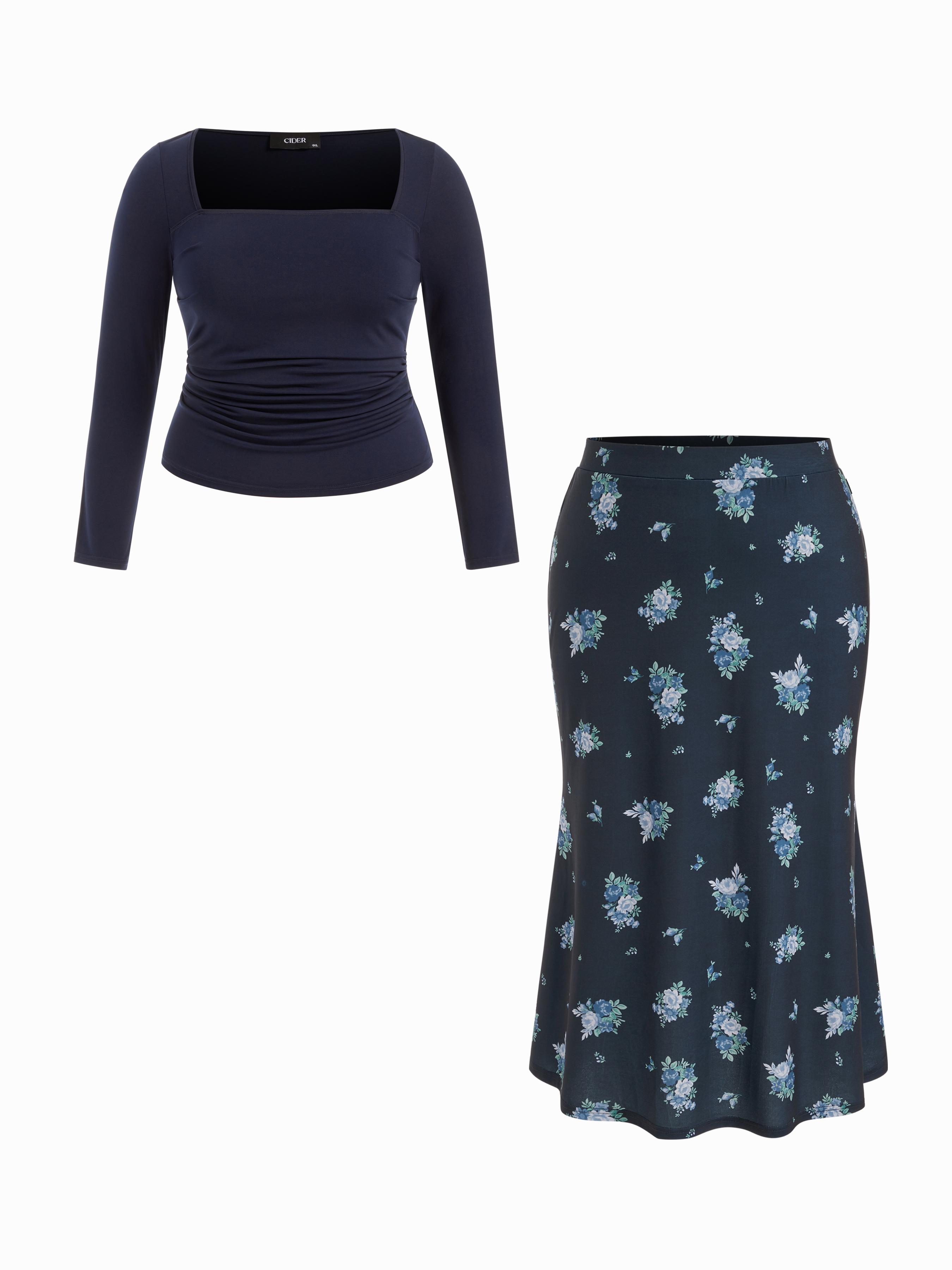 Square Neck Ruched Top & Floral Mermaid Maxi Skirt Set Curve & Plus by CIDER