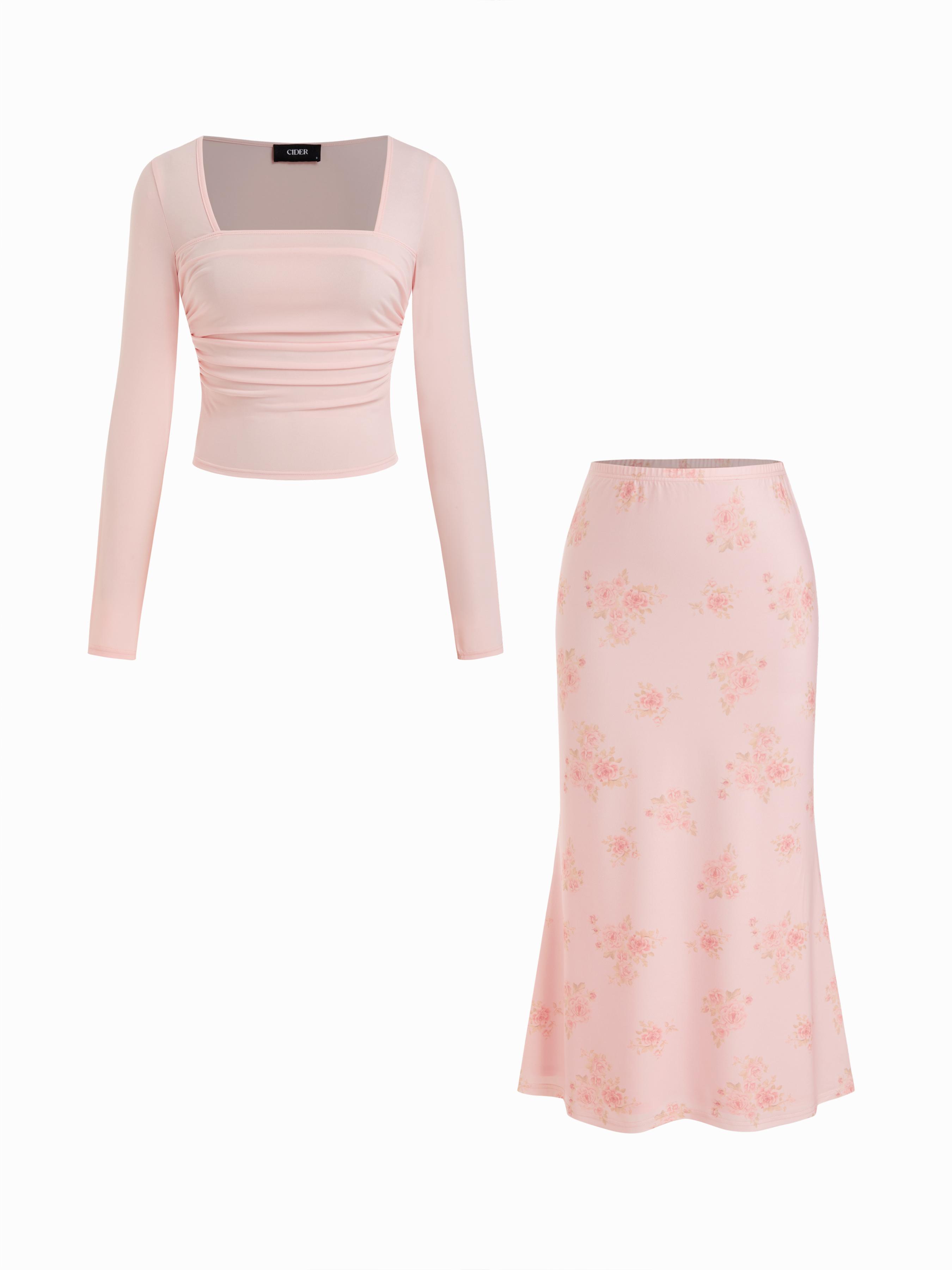 Square Neck Ruched Top & Floral Mermaid Maxi Skirt Set by CIDER
