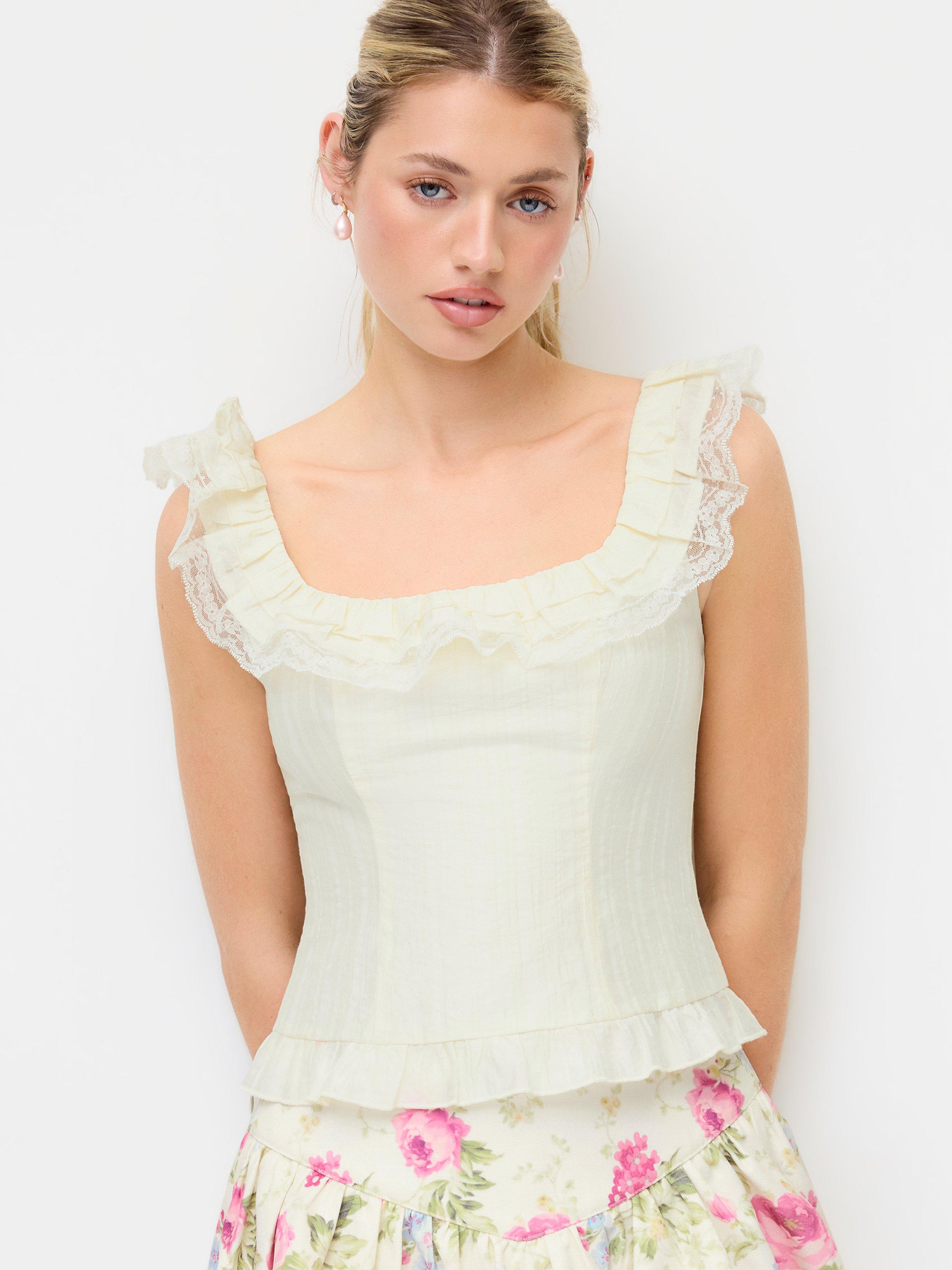 Square Neck Ruffled Smocked Lace Trim Crop Blouse by CIDER