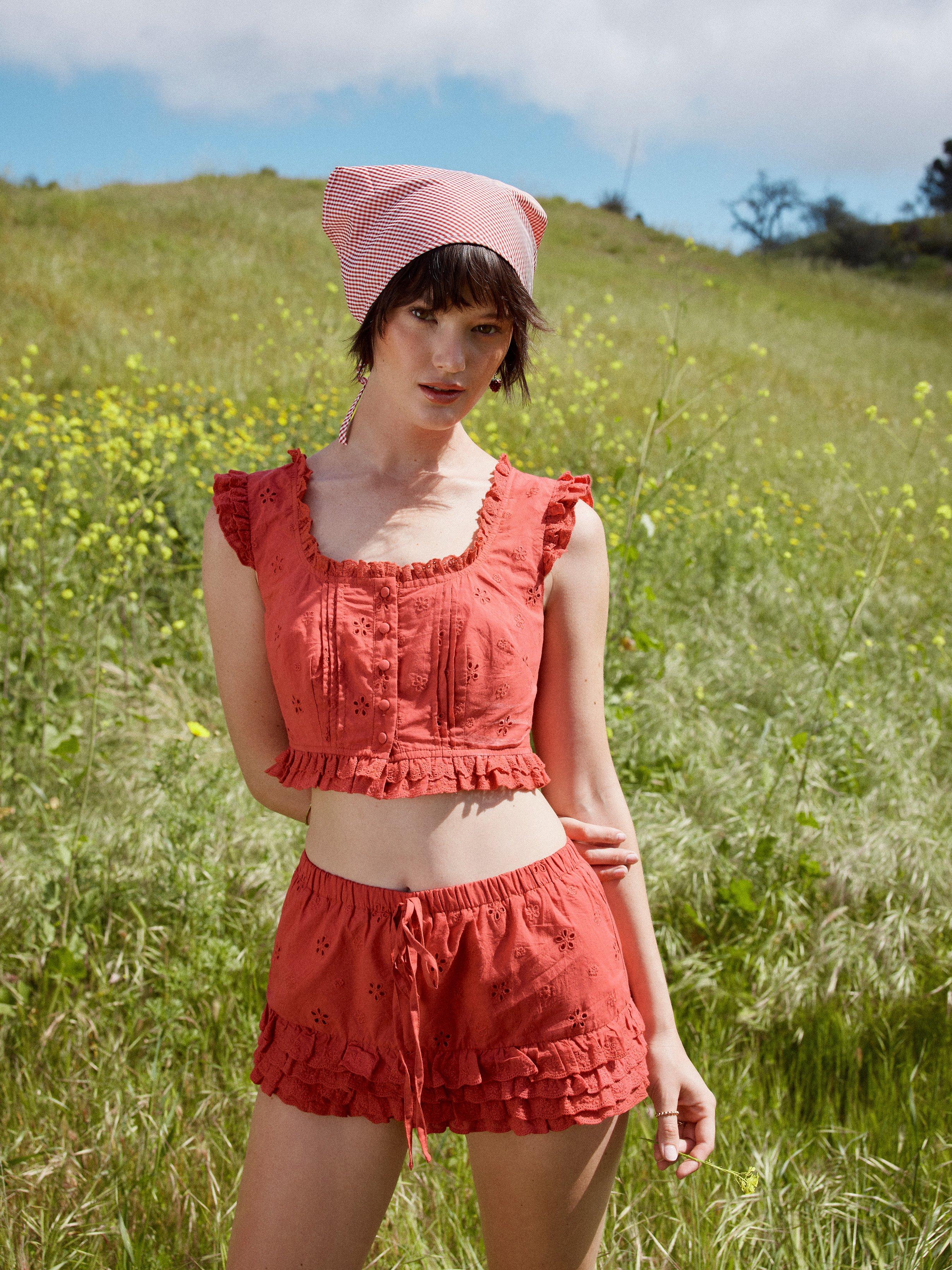 Square Neck Ruffled Top & Low Rise Embroidery Ruffle Hem Mini Skirt Set by CIDER