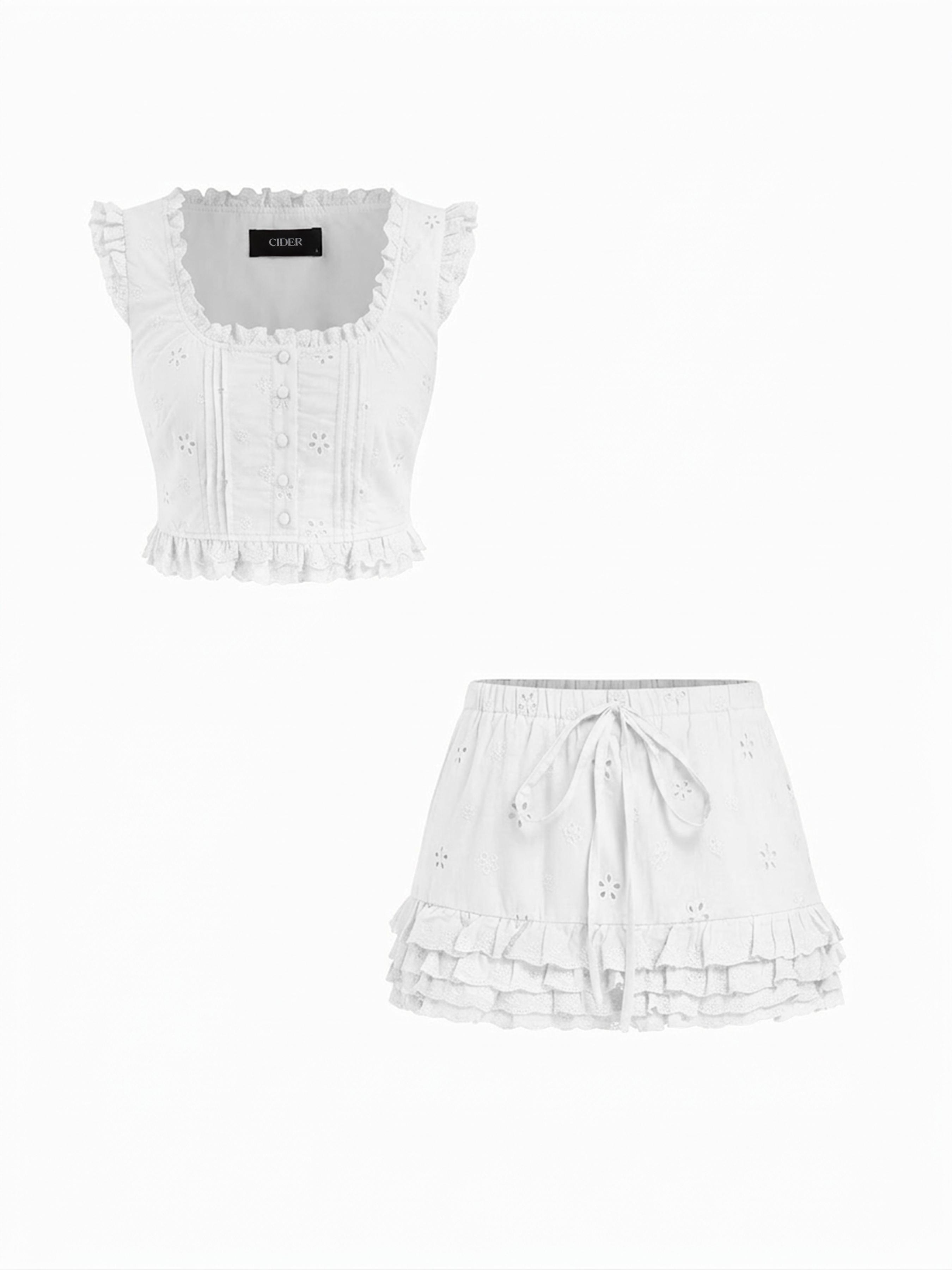 Square Neck Ruffled Top & Low Rise Embroidery Ruffle Hem Mini Skirt Set by CIDER