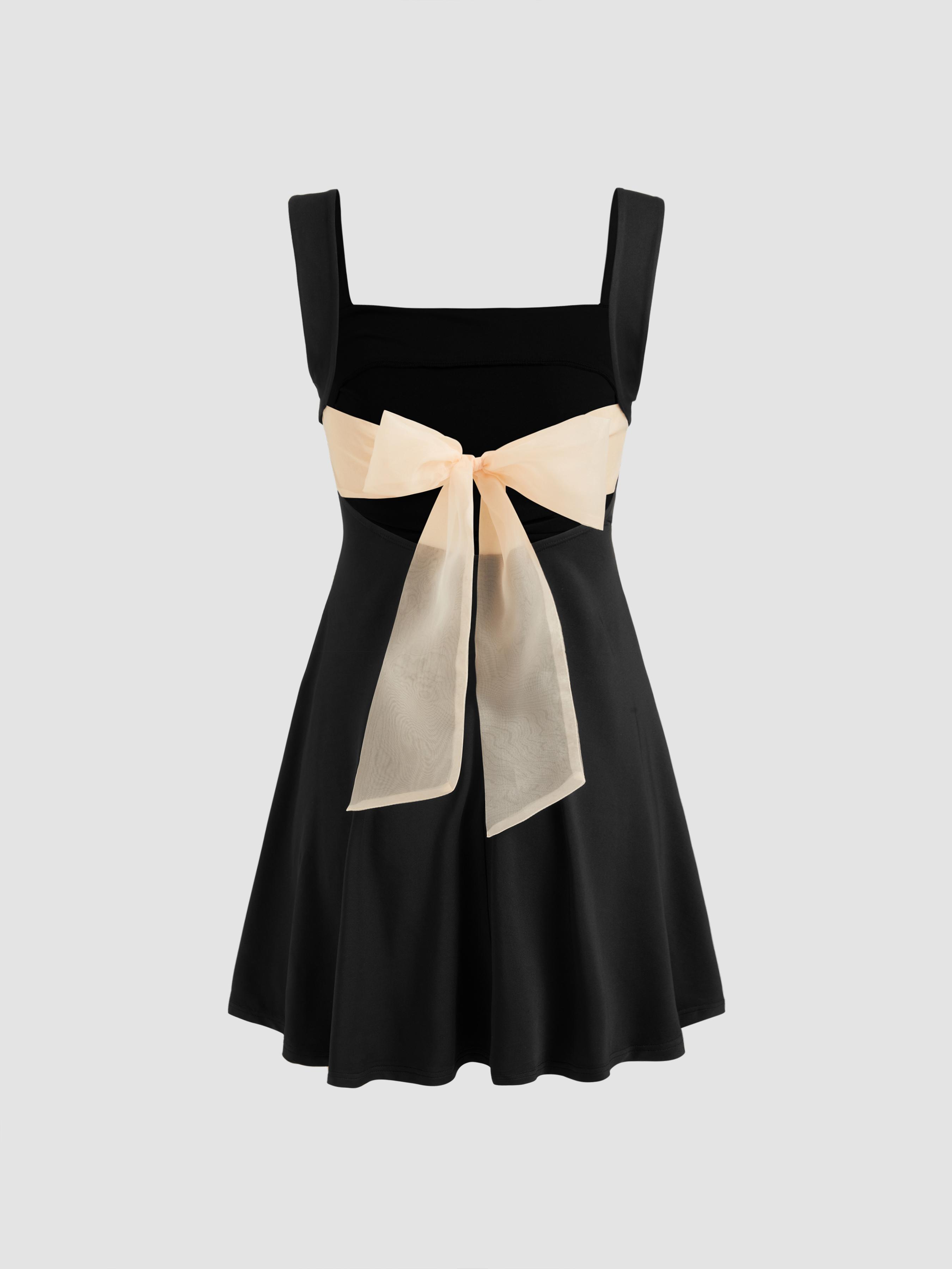 Square Neck Solid Bowknot Ruffle Mini Dress by CIDER