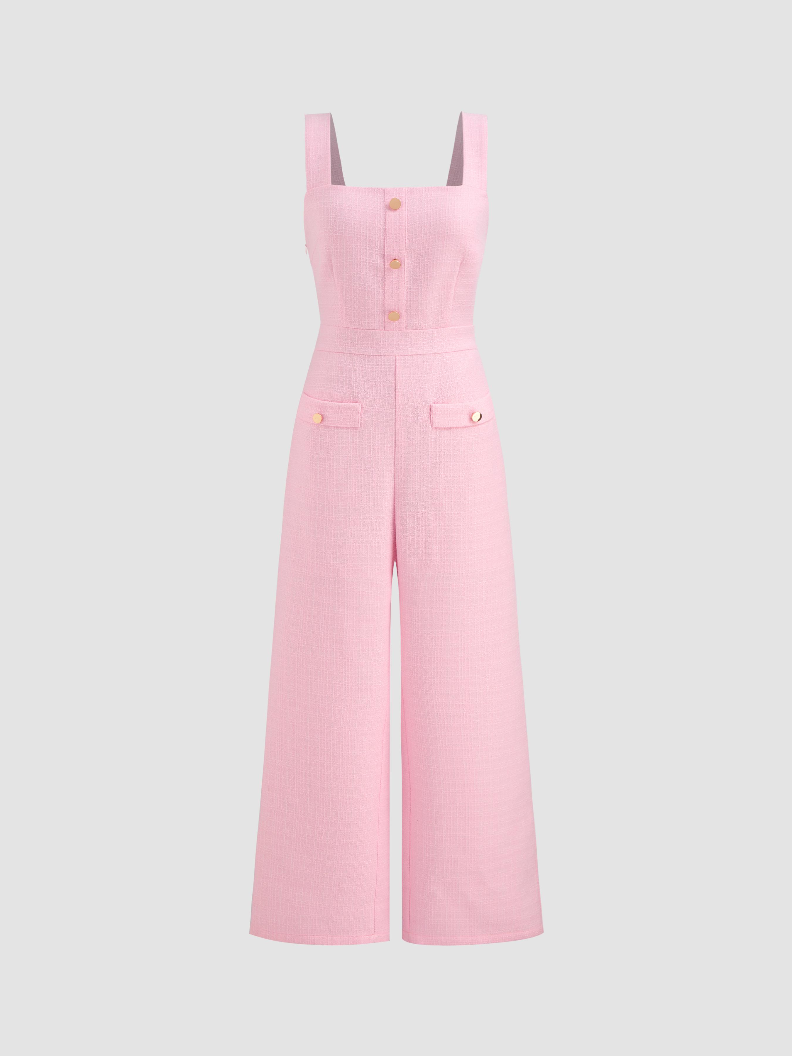 Square Neck Solid Button Wide Leg Jumpsuit by CIDER