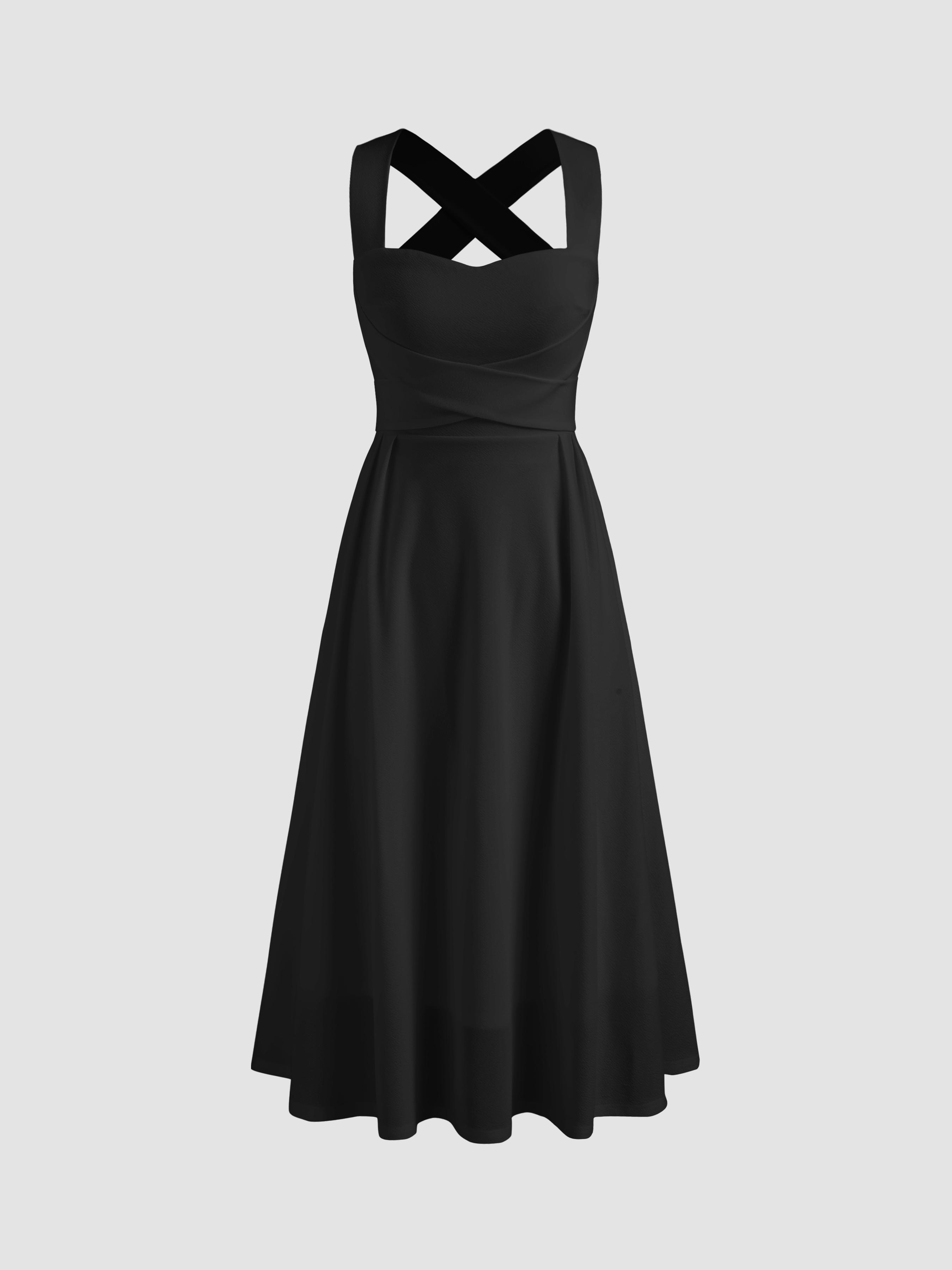 Square Neck Solid Criss Cross Ruffle Midi Dress by CIDER