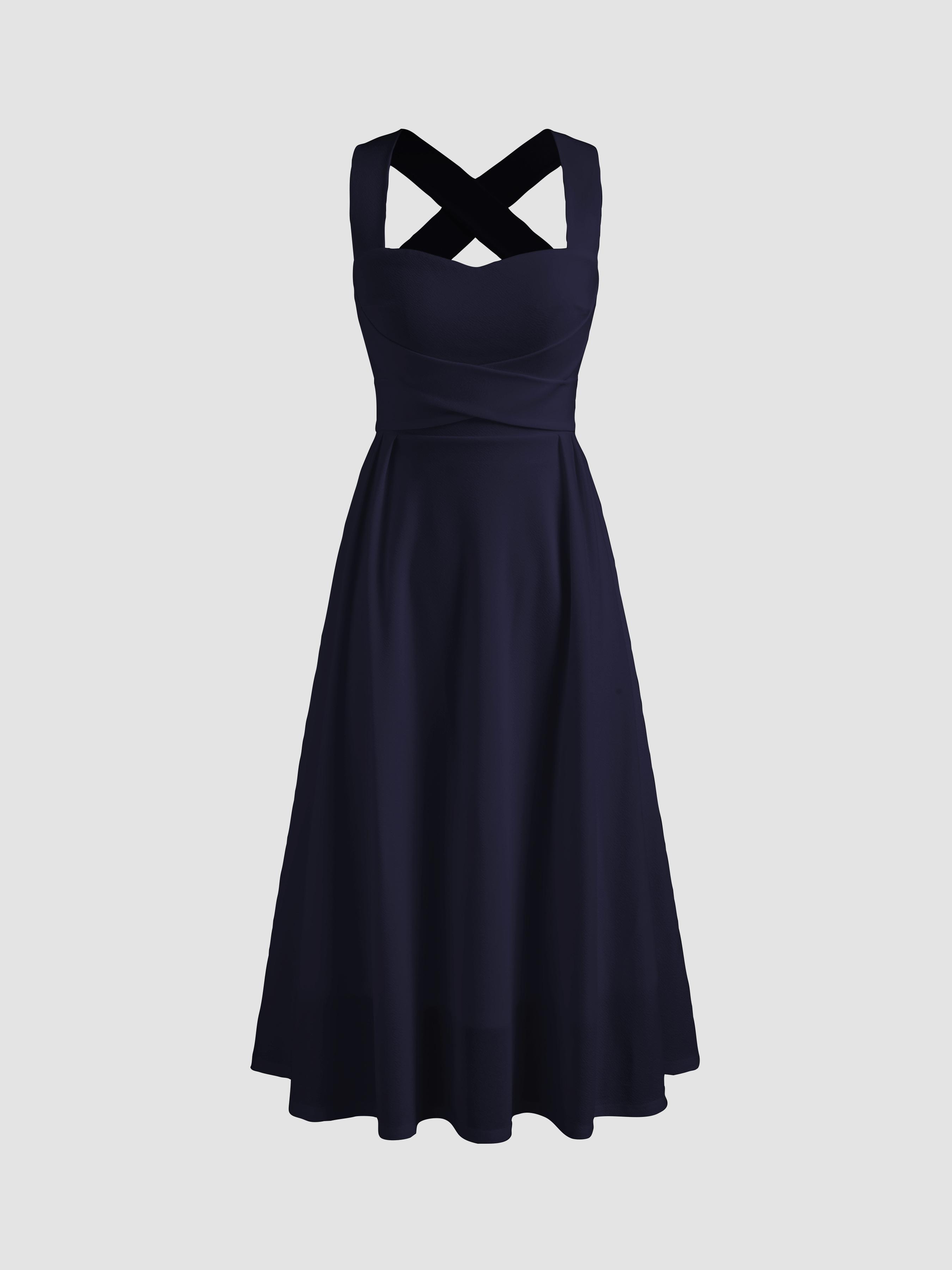 Square Neck Solid Criss Cross Ruffle Midi Dress by CIDER