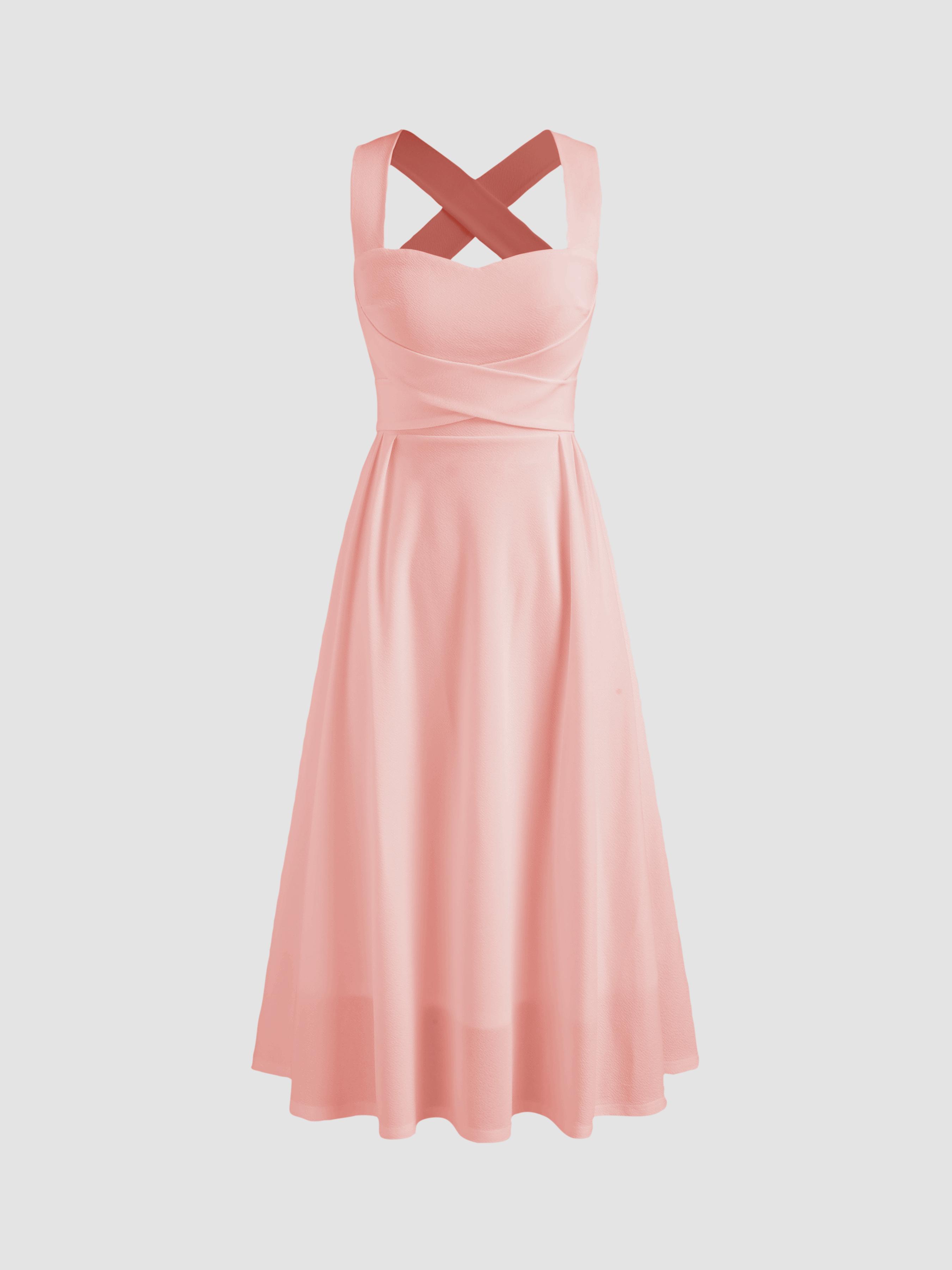 Square Neck Solid Criss Cross Ruffle Midi Dress by CIDER