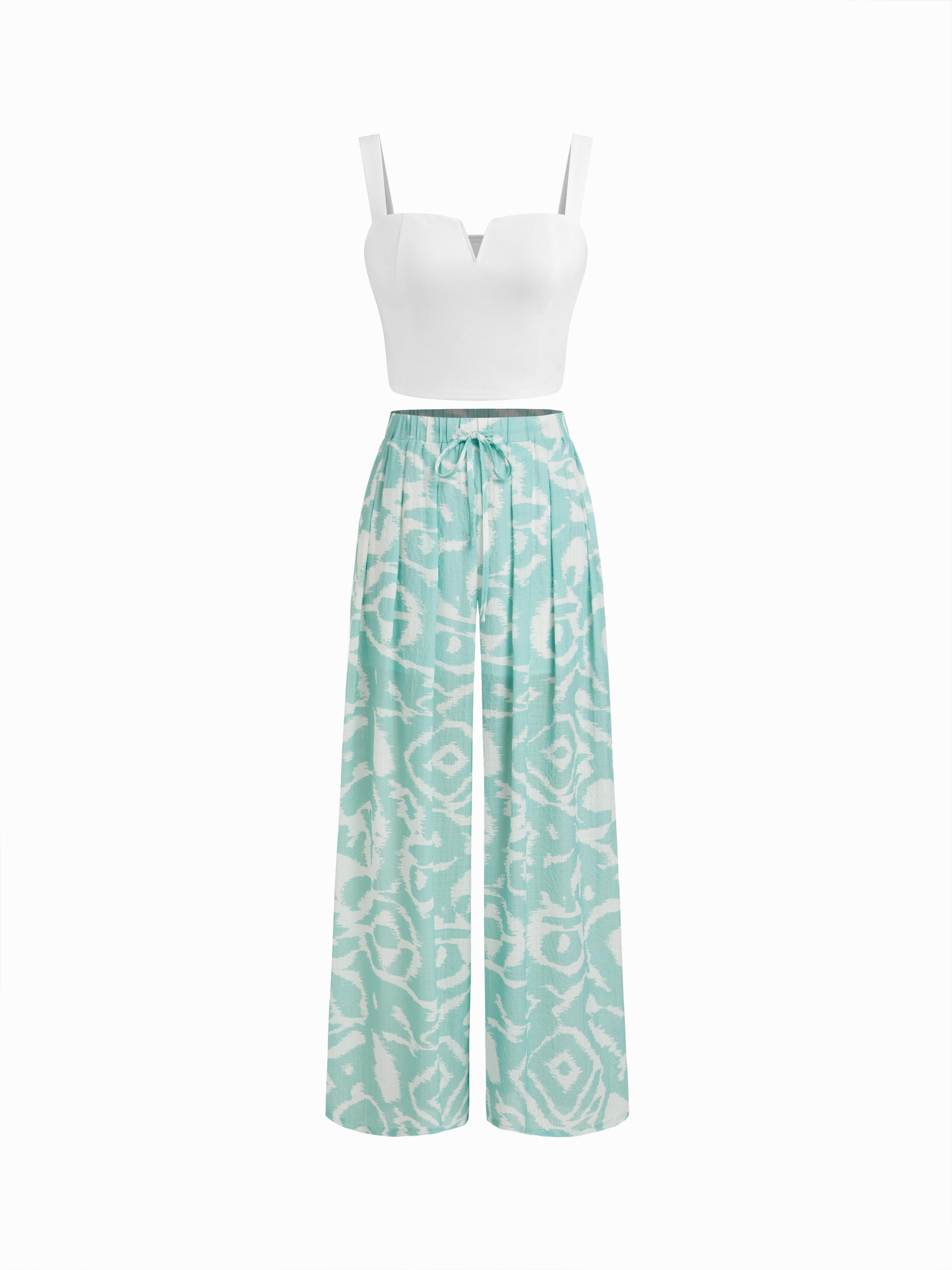 Square Neck Solid Crop Tank Top With High Rise Abstract Knotted Wide Leg Trousers by CIDER