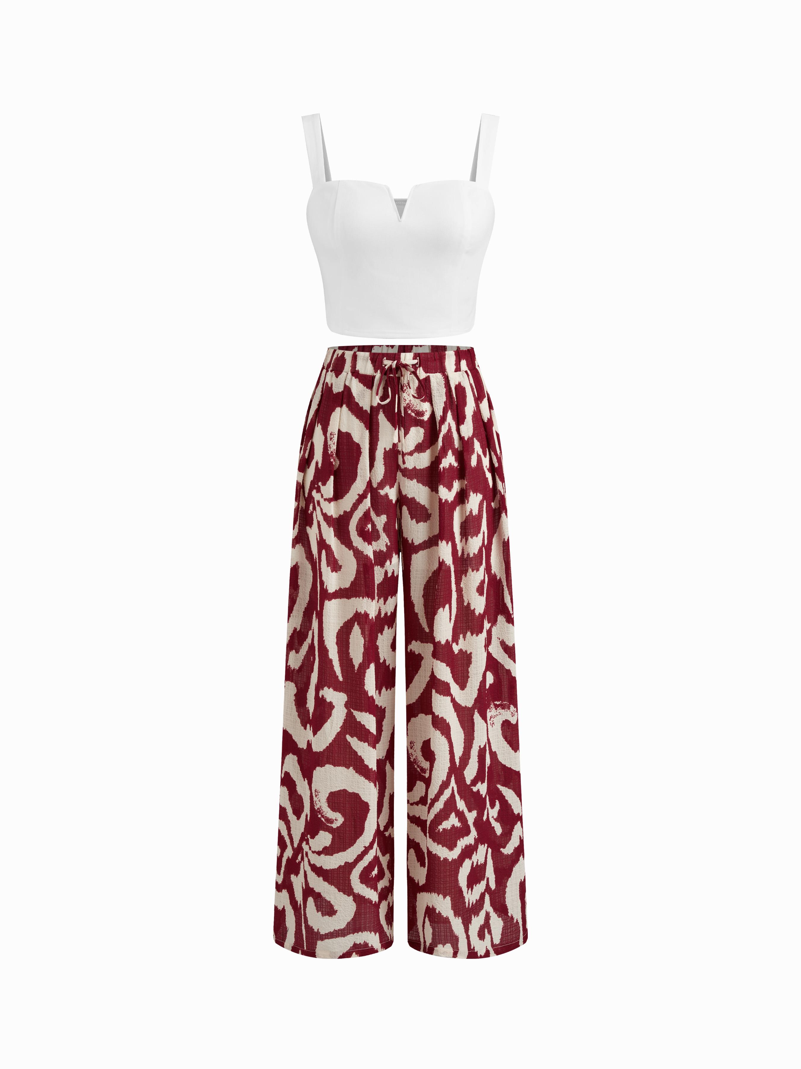 Square Neck Solid Crop Tank Top With High Rise Abstract Knotted Wide Leg Trousers by CIDER