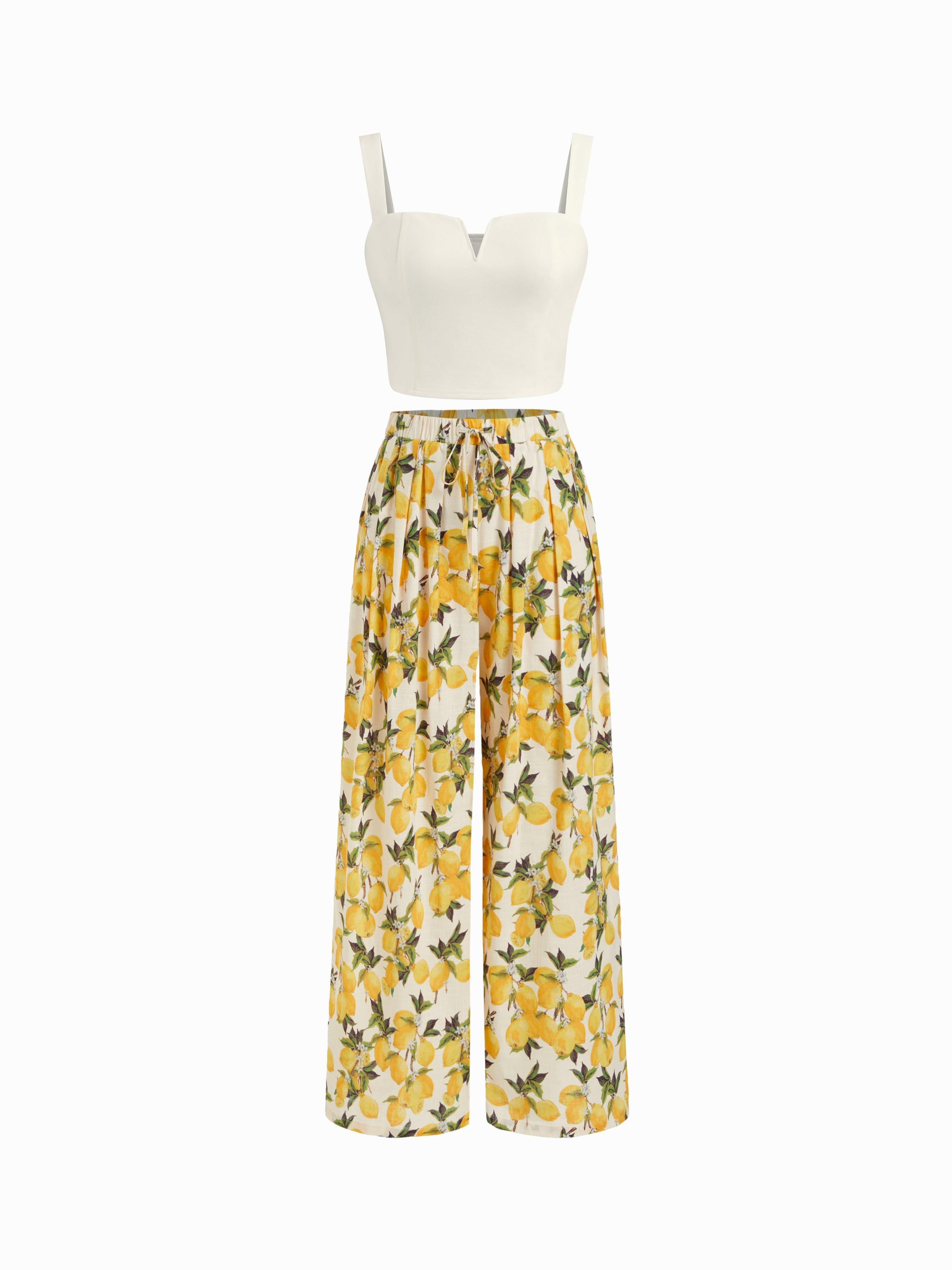 Square Neck Solid Crop Tank Top With High Rise Abstract Knotted Wide Leg Trousers by CIDER