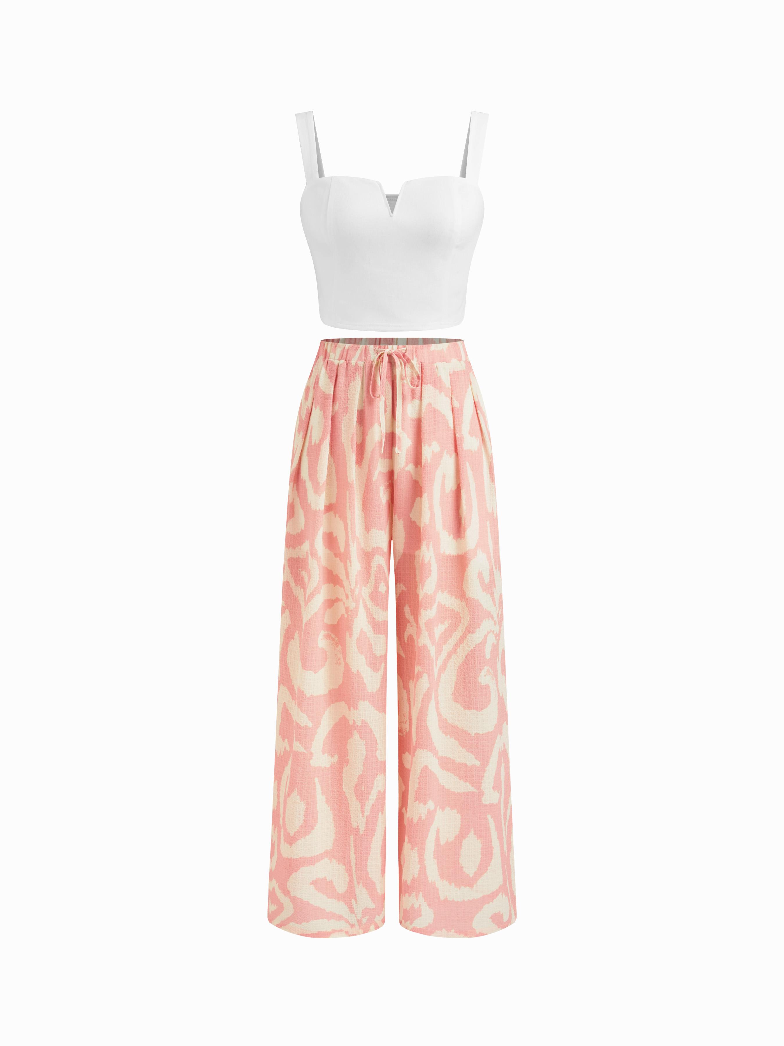 Square Neck Solid Crop Tank Top With High Rise Abstract Knotted Wide Leg Trousers by CIDER