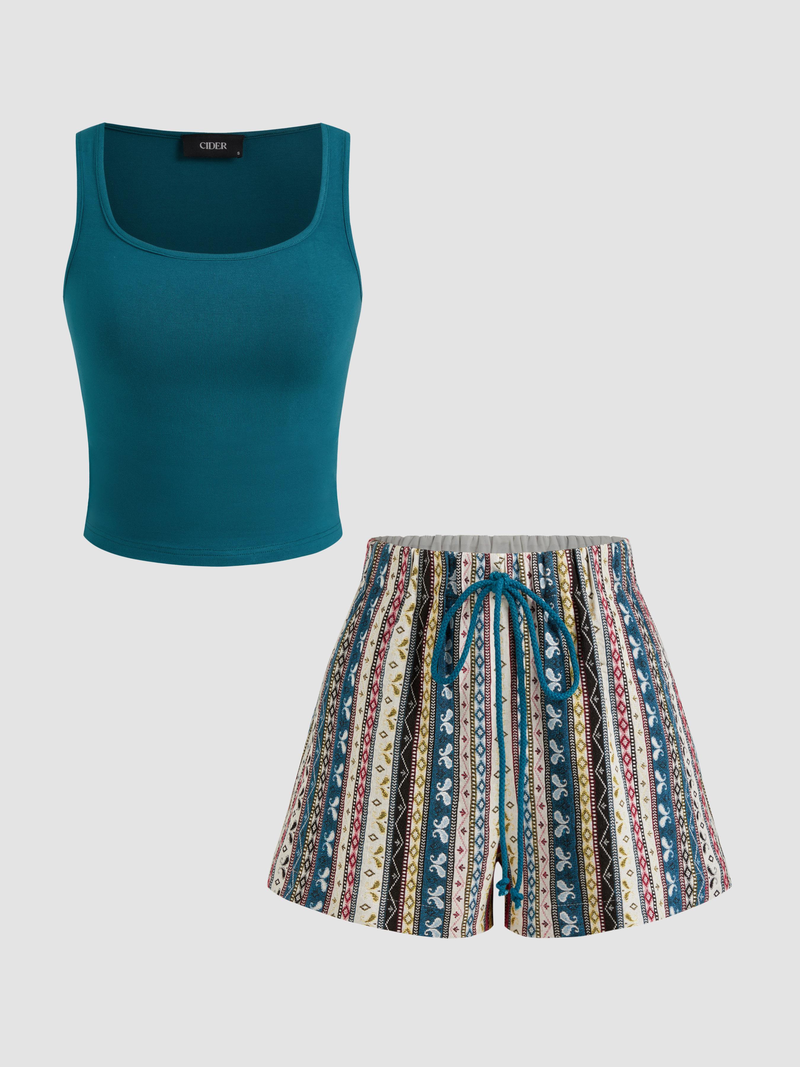 Square Neck Solid Crop Tank Top With Mid Rise Aztec Knotted Pocket Shorts by CIDER