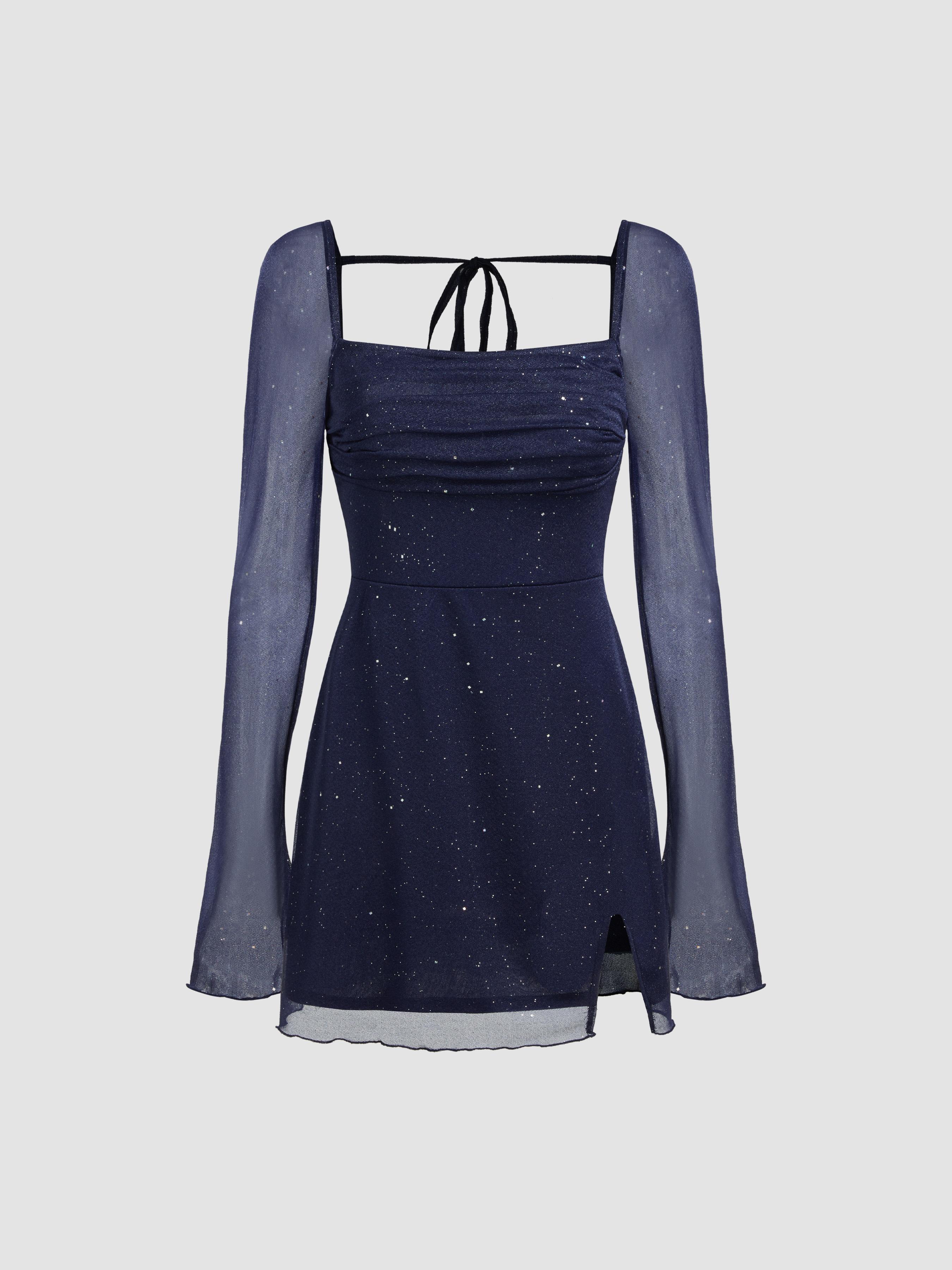 Square Neck Solid Glitter Knotted Mini Dress by CIDER