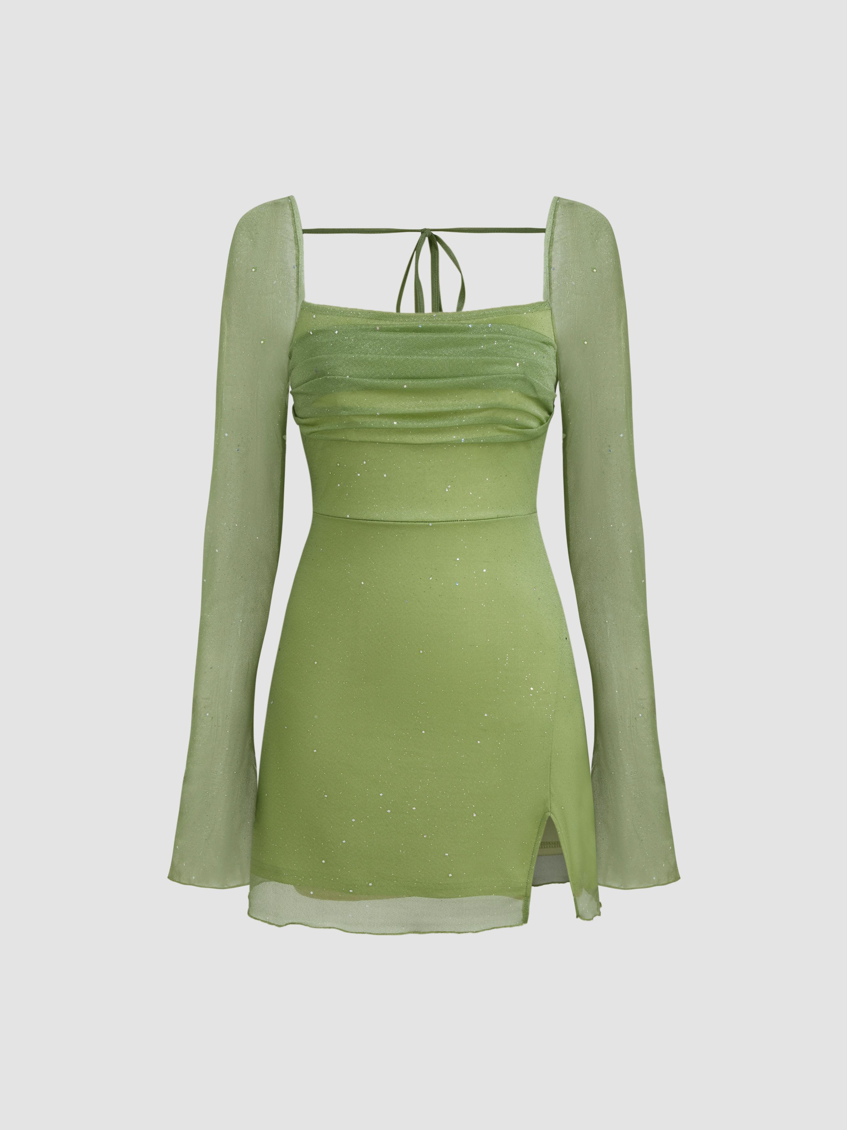 Square Neck Solid Glitter Knotted Mini Dress by CIDER